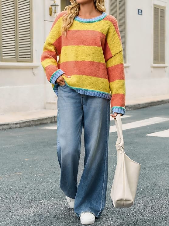 Womens Oversized Striped Color Block Crewneck Sweater