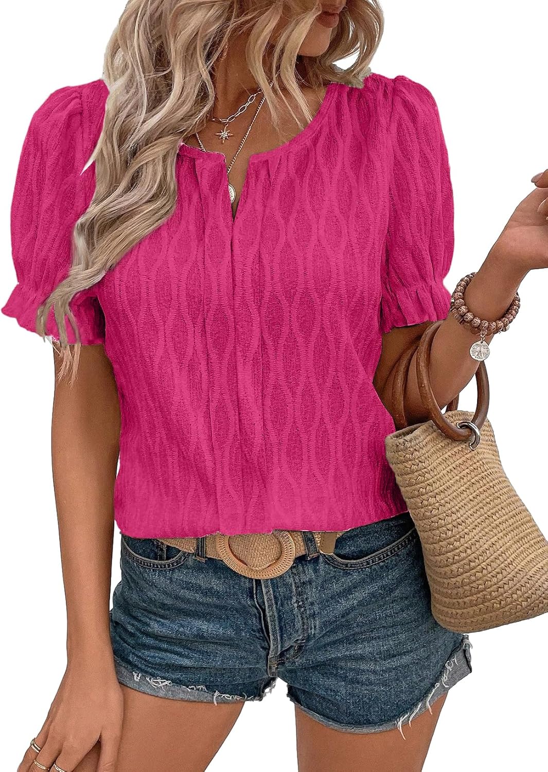 Women Dressy Casual Spring Summer V Neck Puff Sleeve Blouses