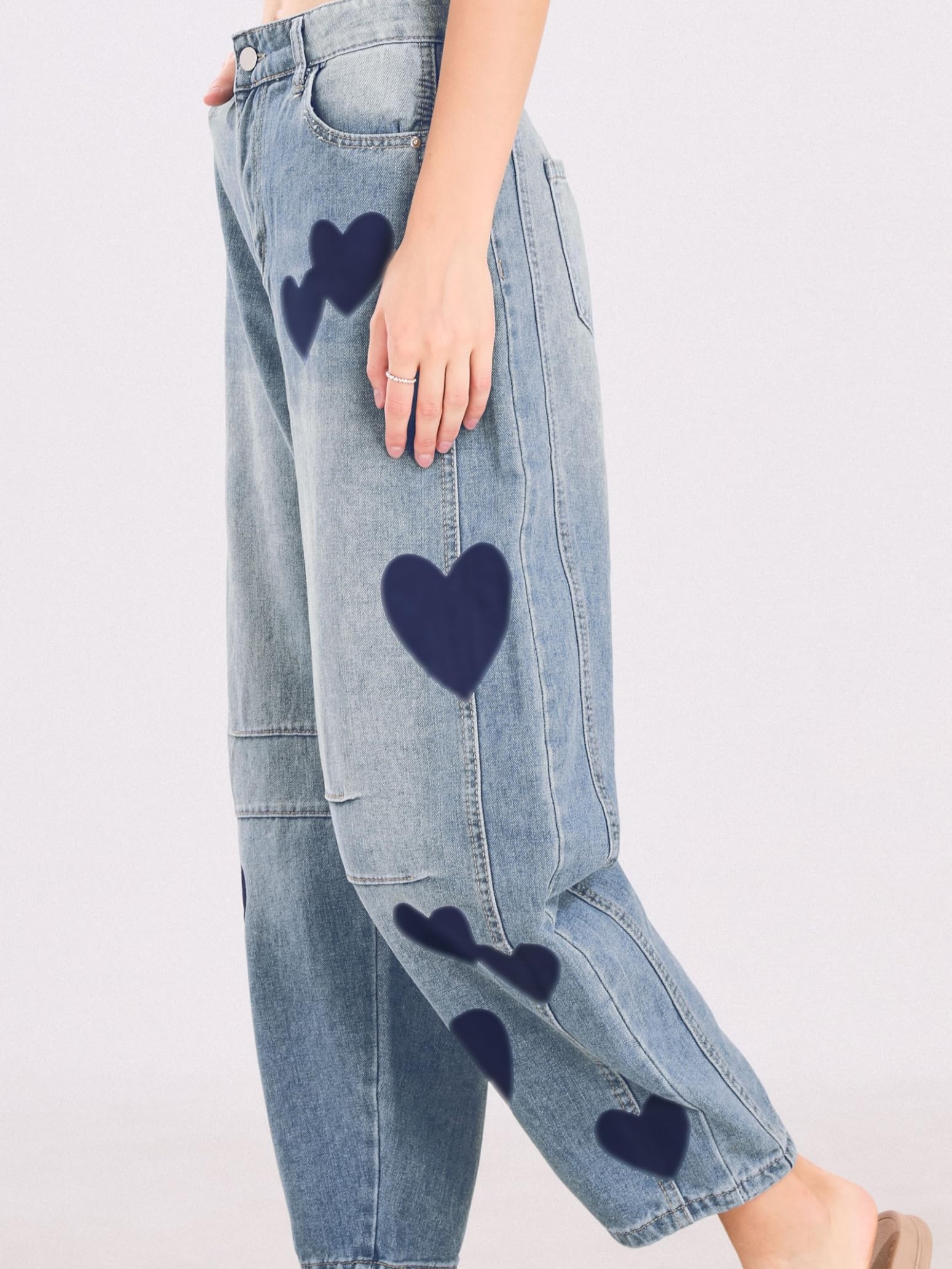 Women's Mid Rise Heart Printed Wide Leg Barrel Jeans