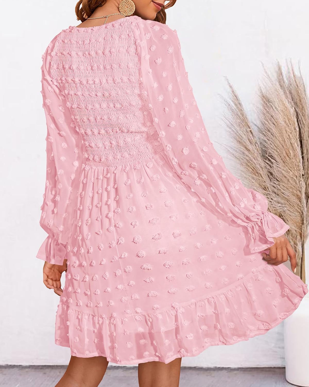 2025 Womens V Neck Casual Smocked Swiss Dot Swing Ruffle Mini Dress(Buy 2 Free Shipping)