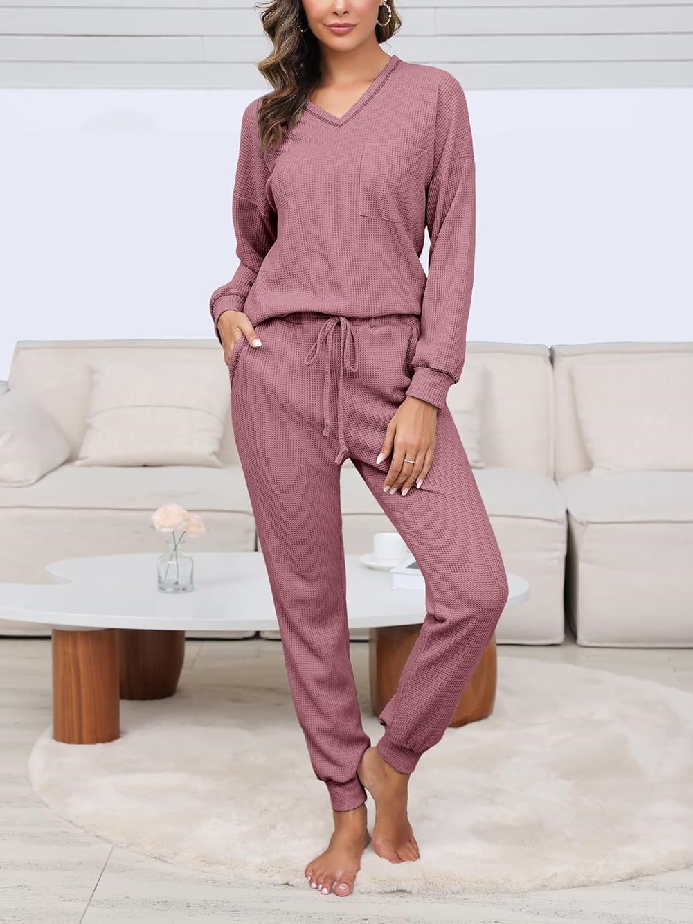 Women's V Neck Waffle Knit Sleepwear Top and Pant Lounge Sets