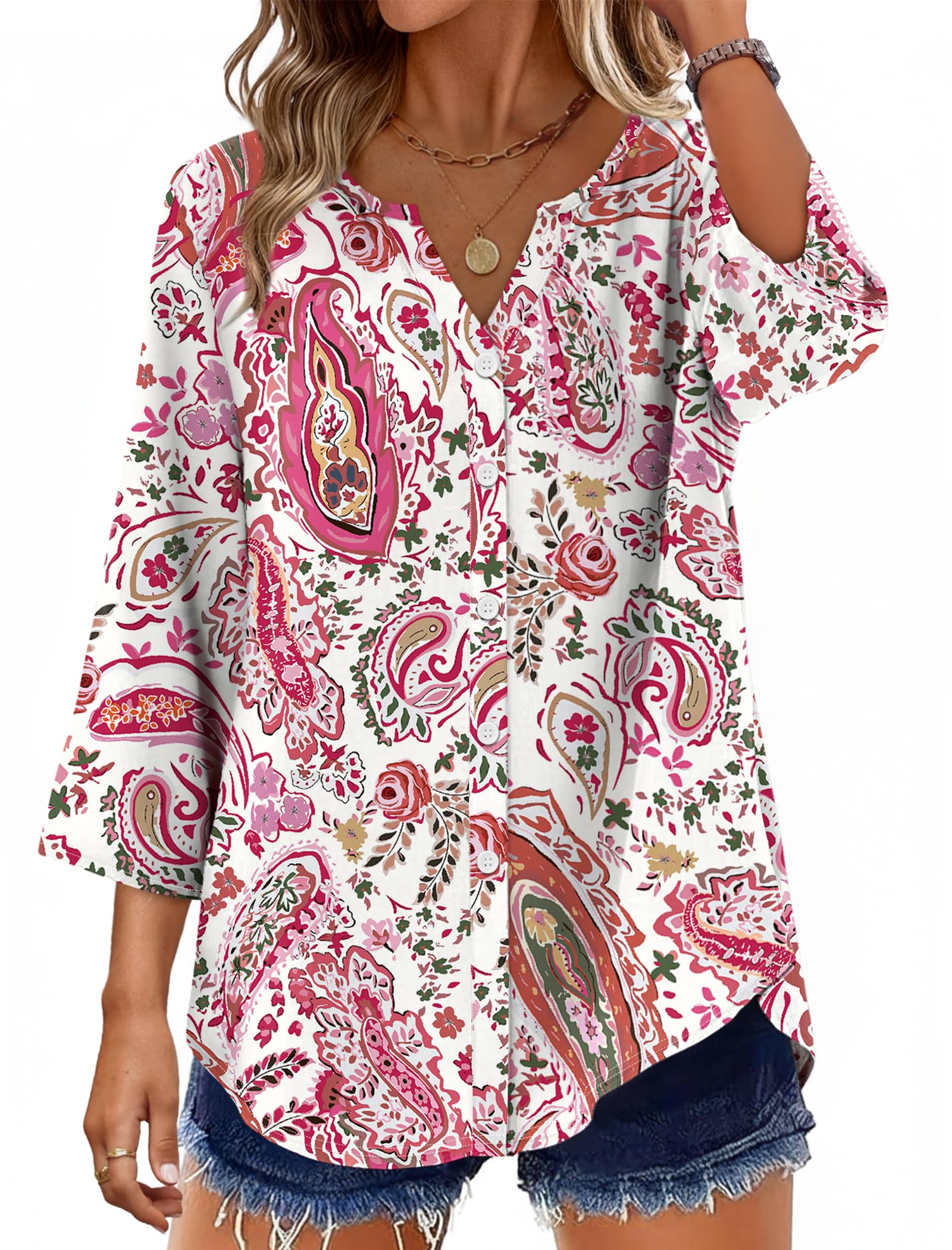 Women's Cotton 3/4 Sleeve Button Down Gingham Shirts