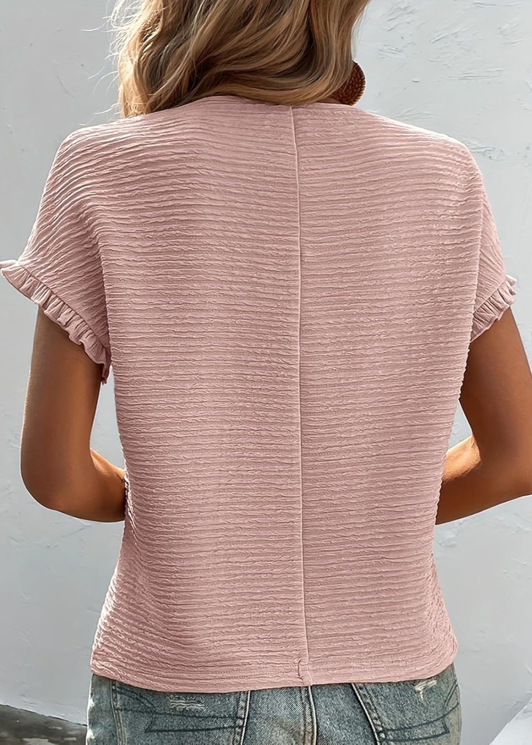 Women's Crewneck Textured Pleated Short Sleeve Shirt Top