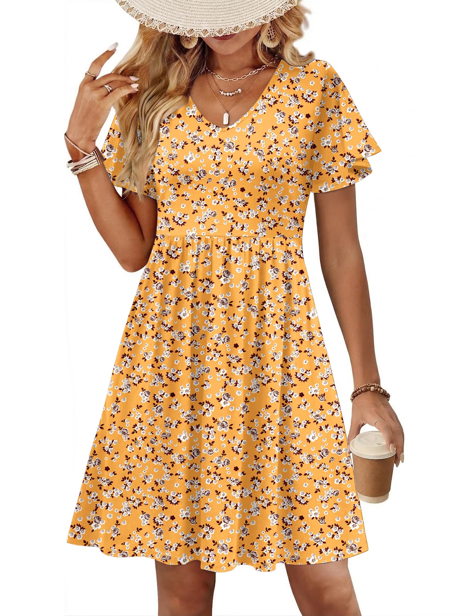 Womens Floral Ruffle Short Sleeve Sundresses Beach Mini Dress