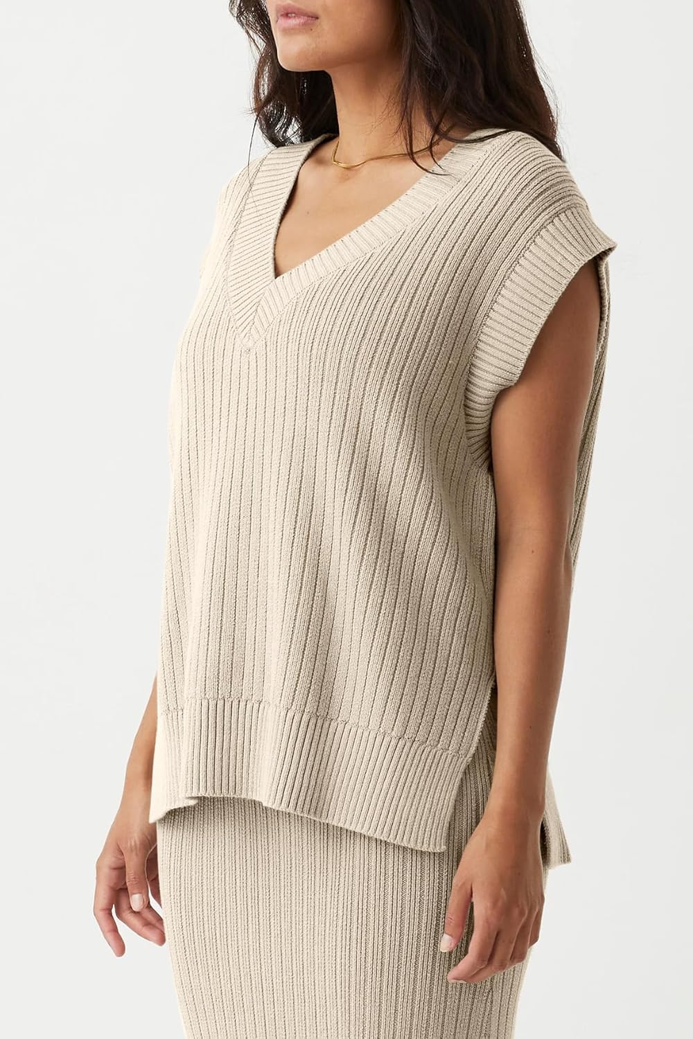 Womens V Neck Sweater Vest Oversized Ribbed Knit Sleeveless