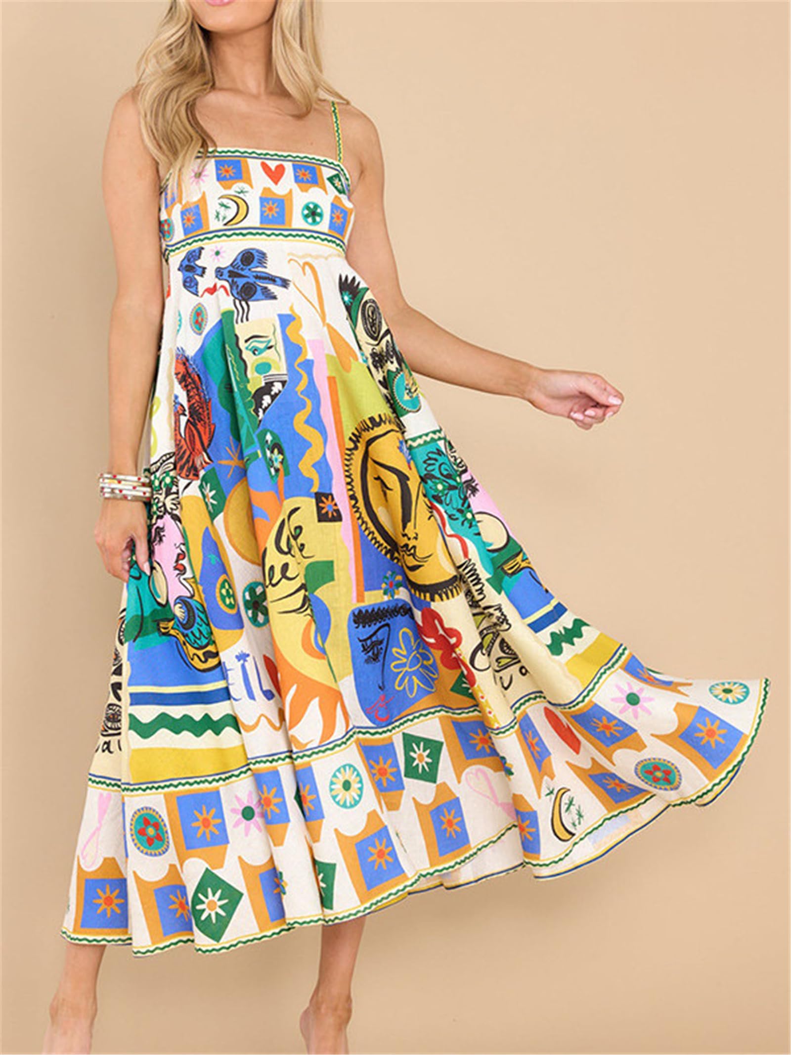 Women Boho Beach Spaghetti Strap Flowy Dress 