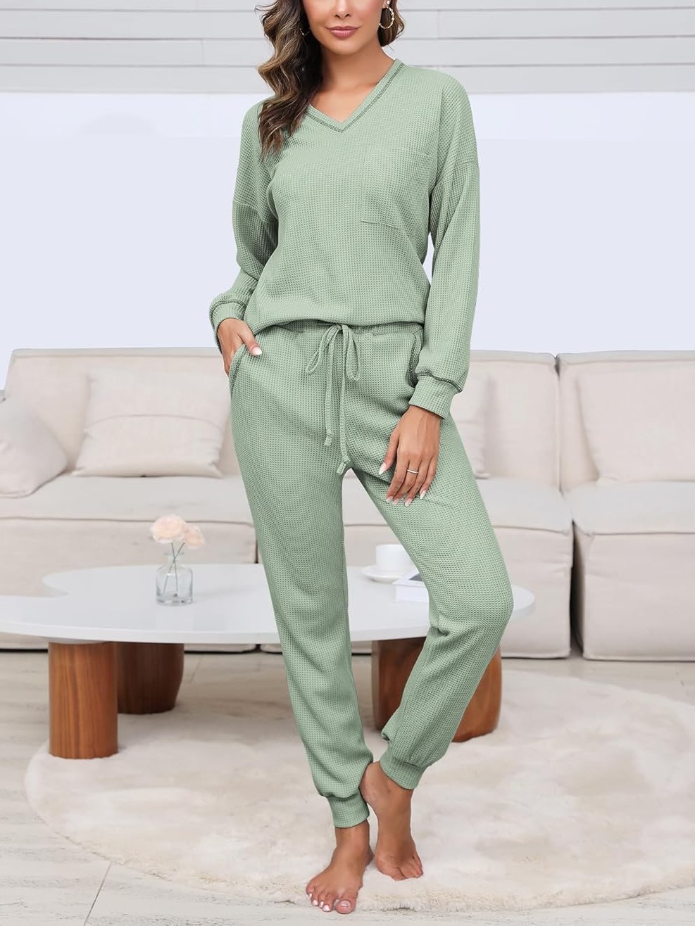 Women's V Neck Waffle Knit Sleepwear Top and Pant Lounge Sets