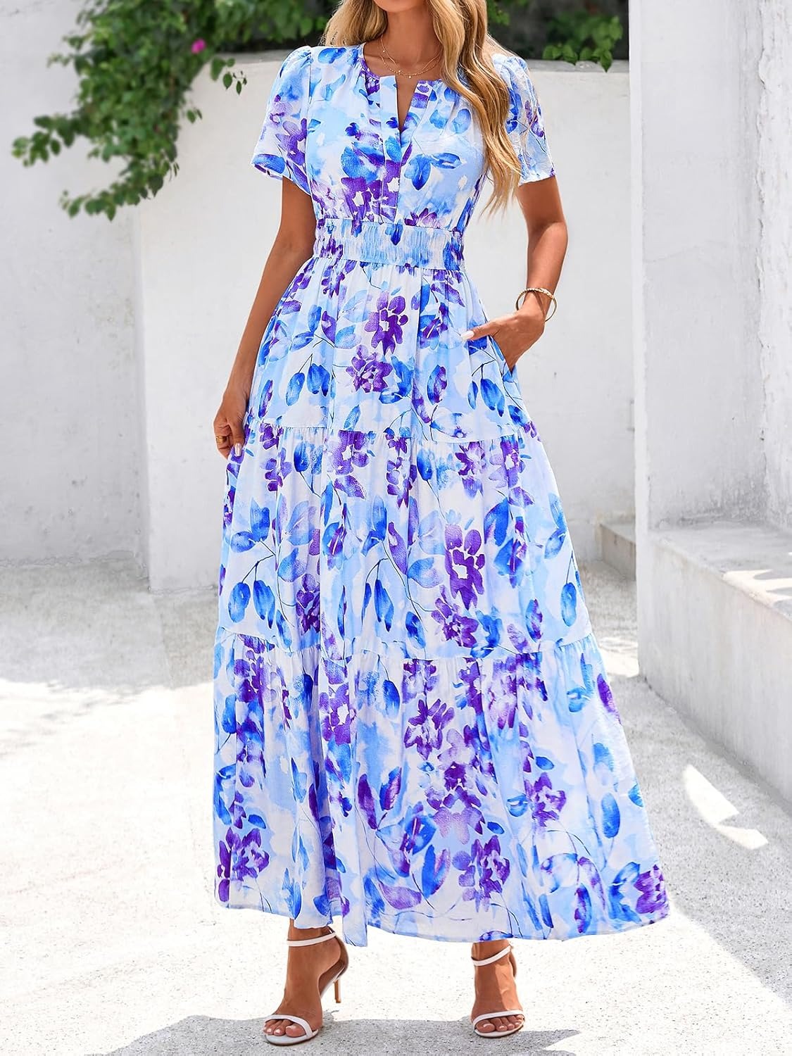 Women's Summer Floral Short Sleeve V Neck Elastic Waist Tiered Maxi Dress Pockets