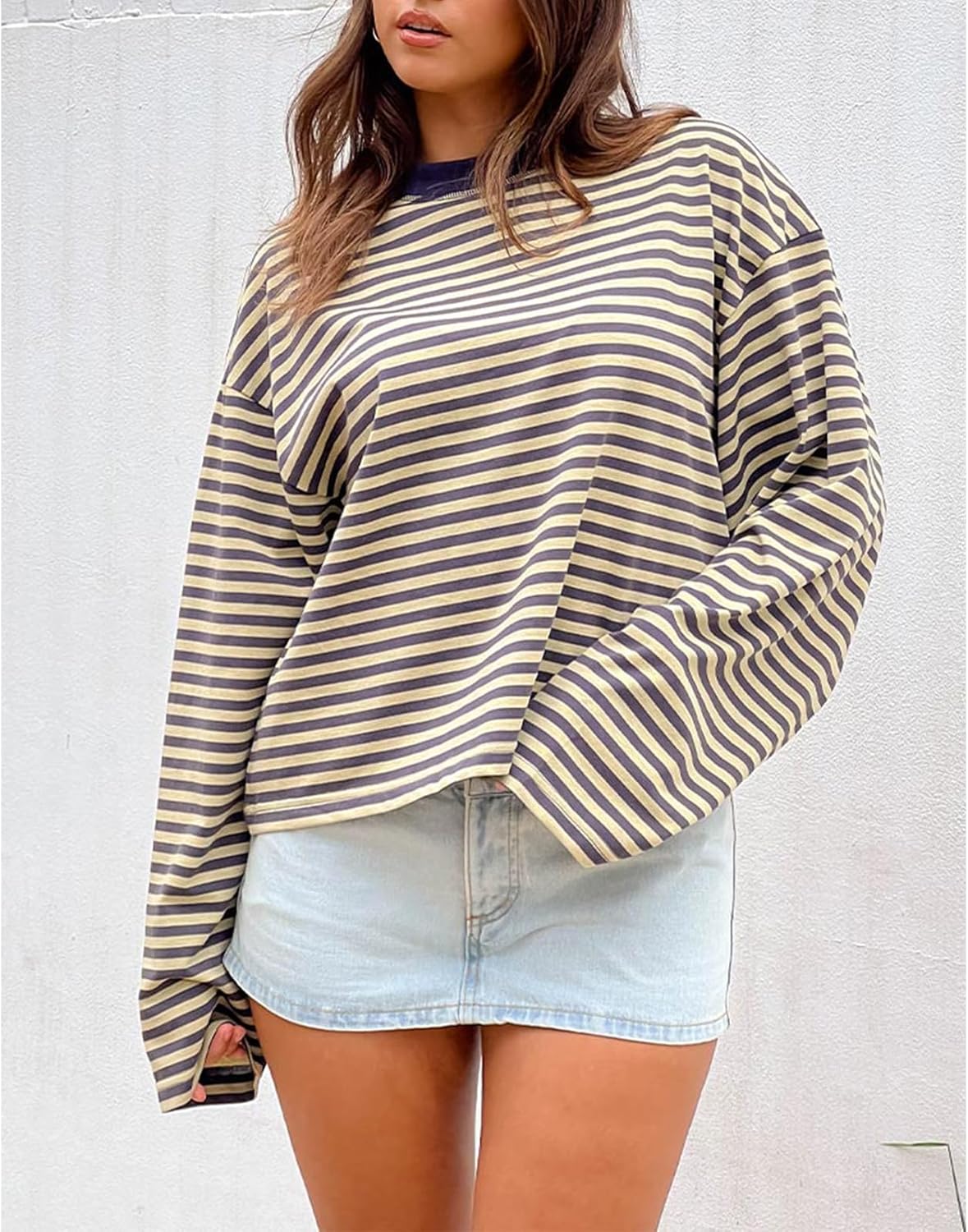HOT SALE Women's Oversized Striped Cropped Long Sleeve Top