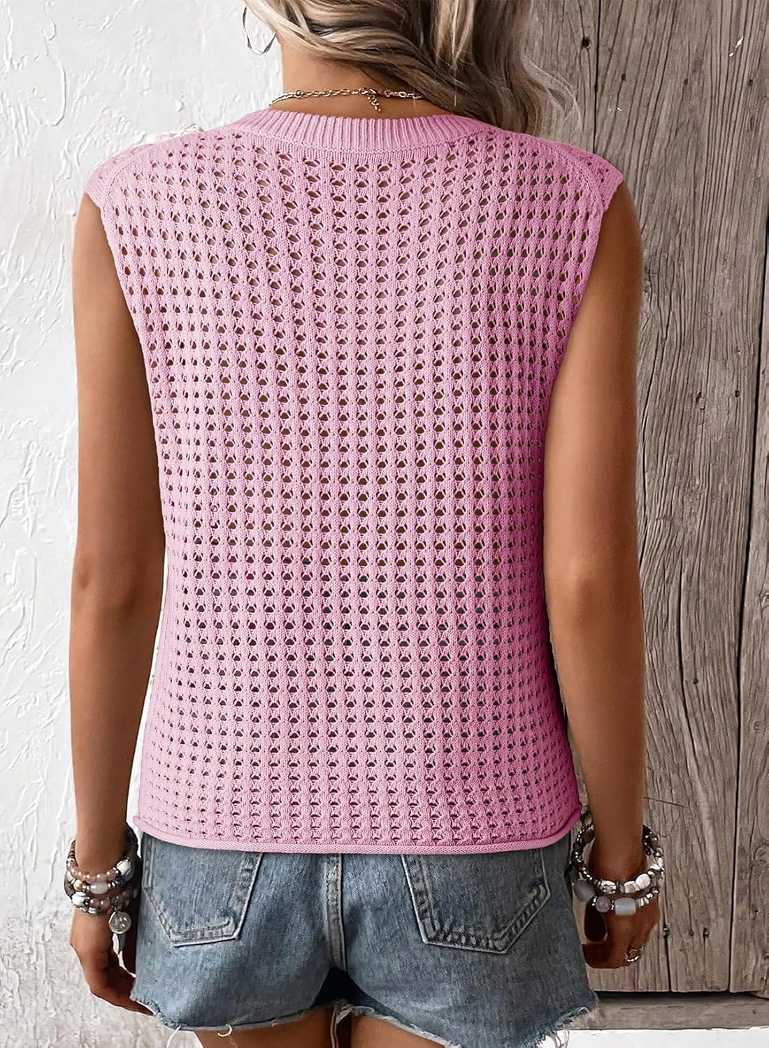 Women's Crewneck Sleeveles Loose Crochet Hollow Vest Top Cover Ups