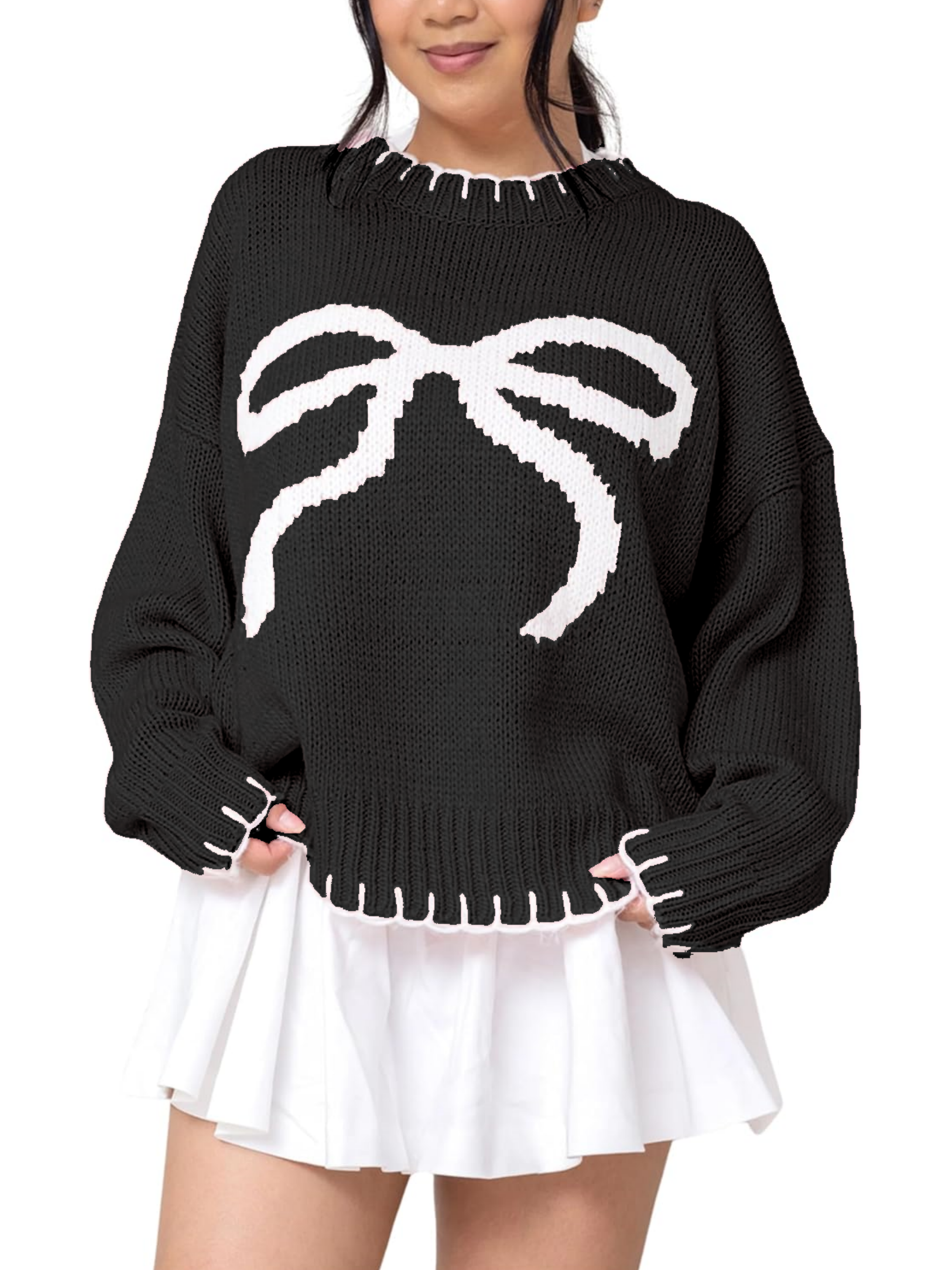 Bow Crew Neck Knitted Sweater Pullover (Buy 2 Free Shipping)