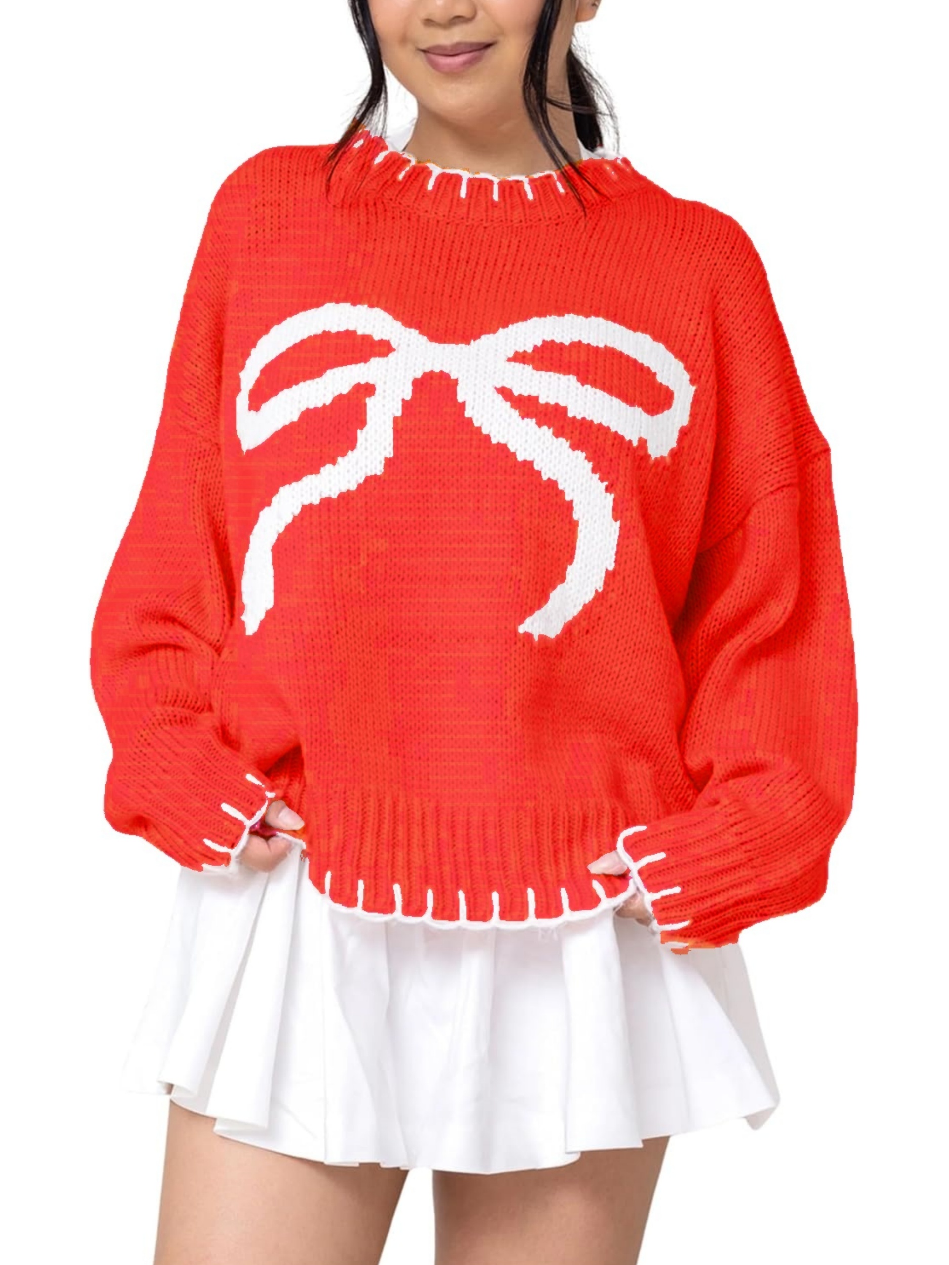 Bow Crew Neck Knitted Sweater Pullover (Buy 2 Free Shipping)