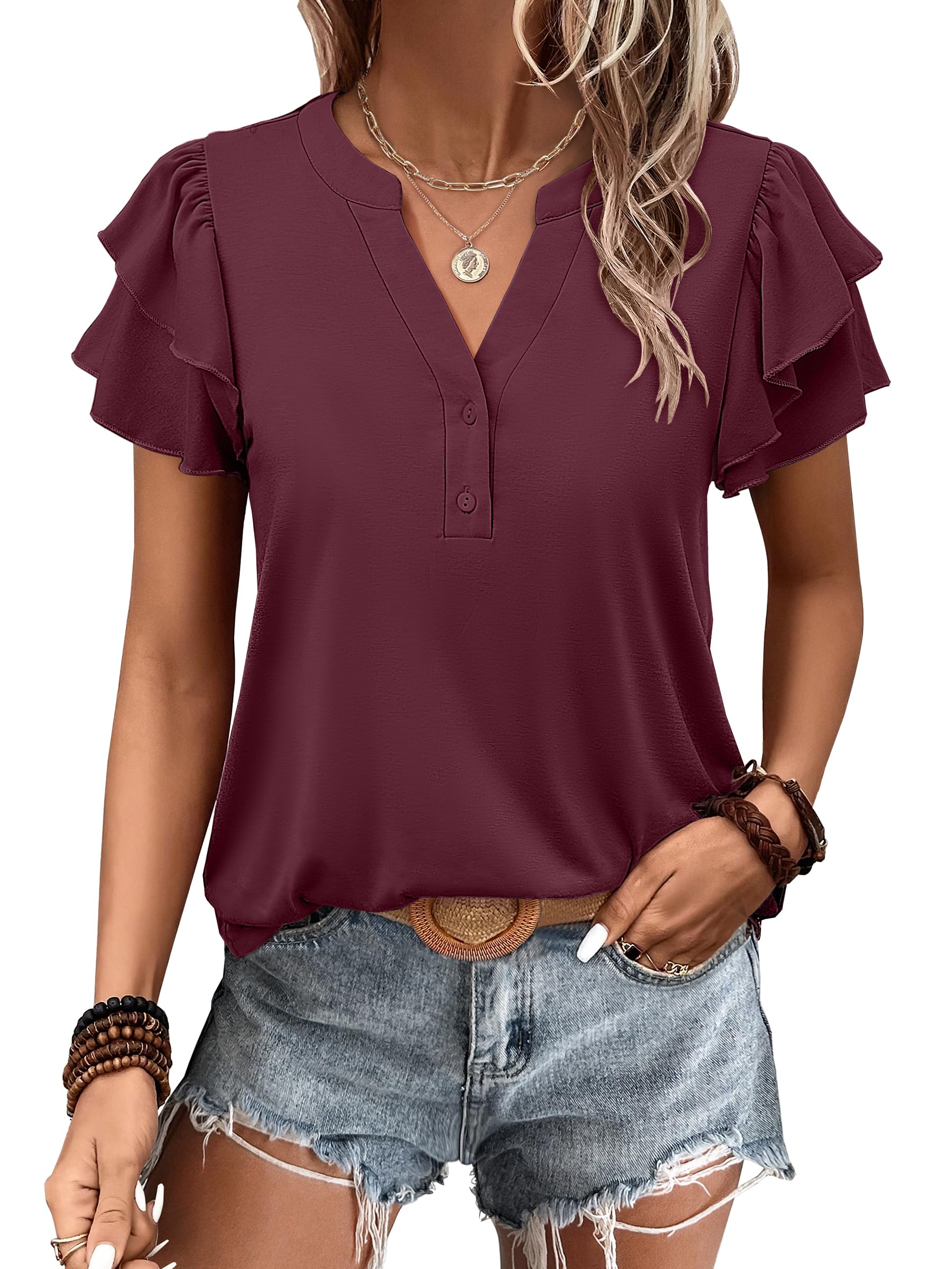 Womens Casual Ruffle Short Sleeve V Neck  Top Blouses