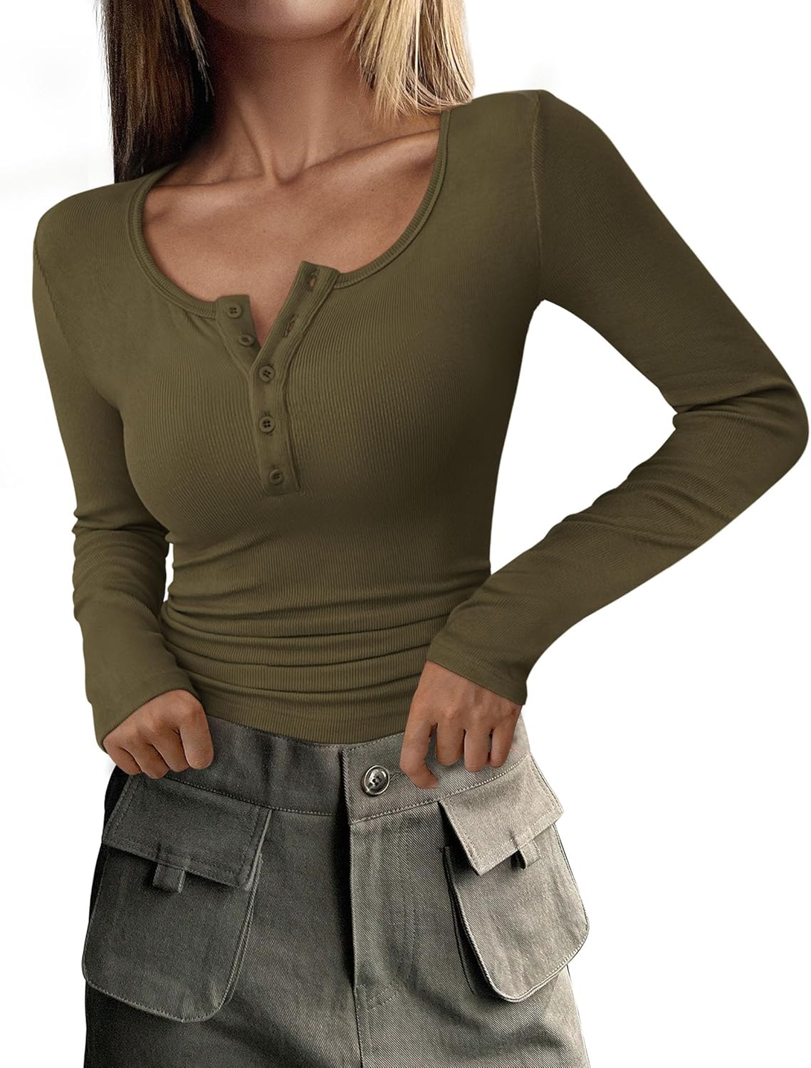  Women's Long Sleeve Henley Button Ribbed Knit Basic Tops