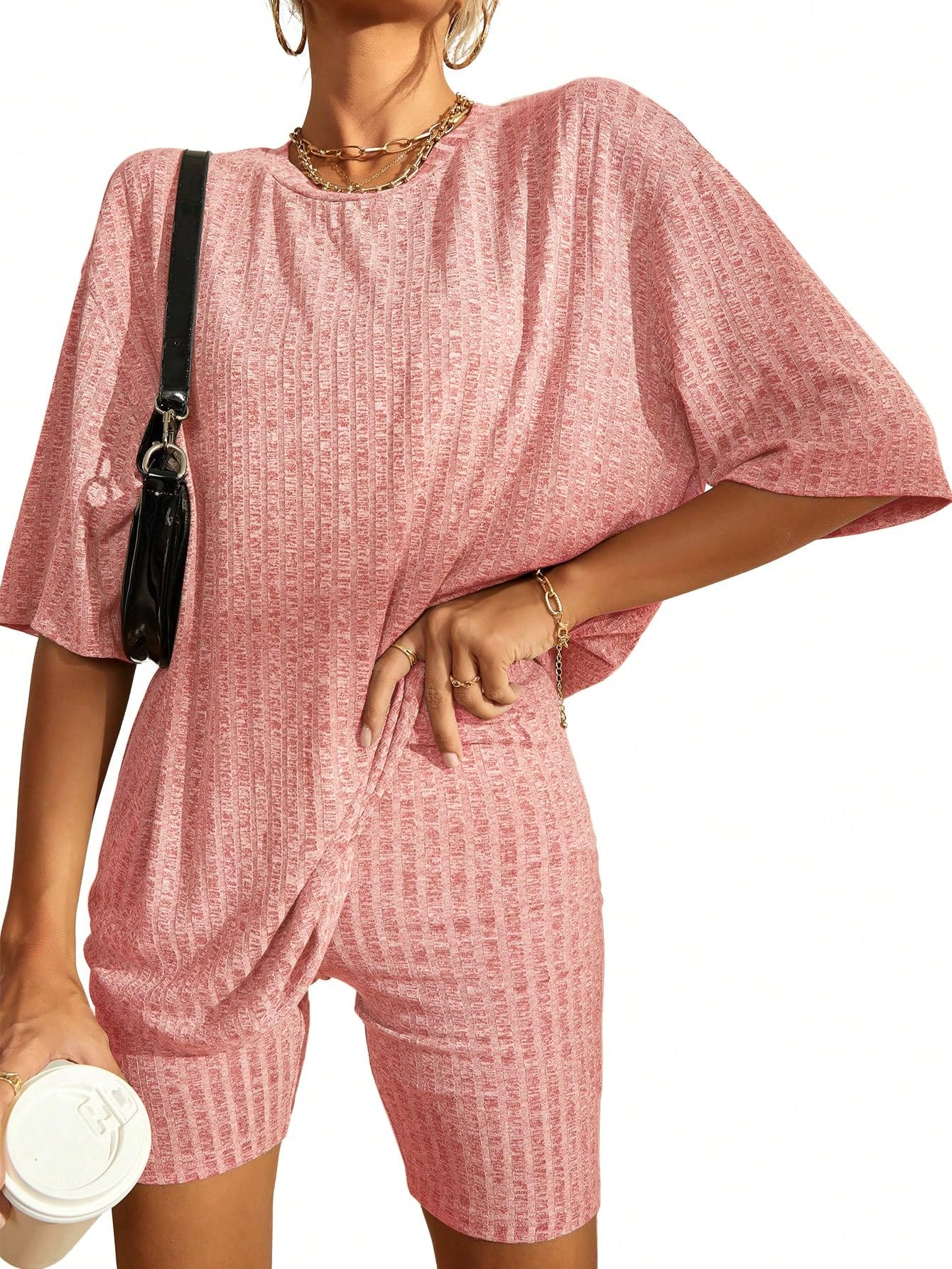 HOT SALE Women's 2 Piece Outfits Ribbed Short Sleeve Drop Shoulder Tee and Shorts Set