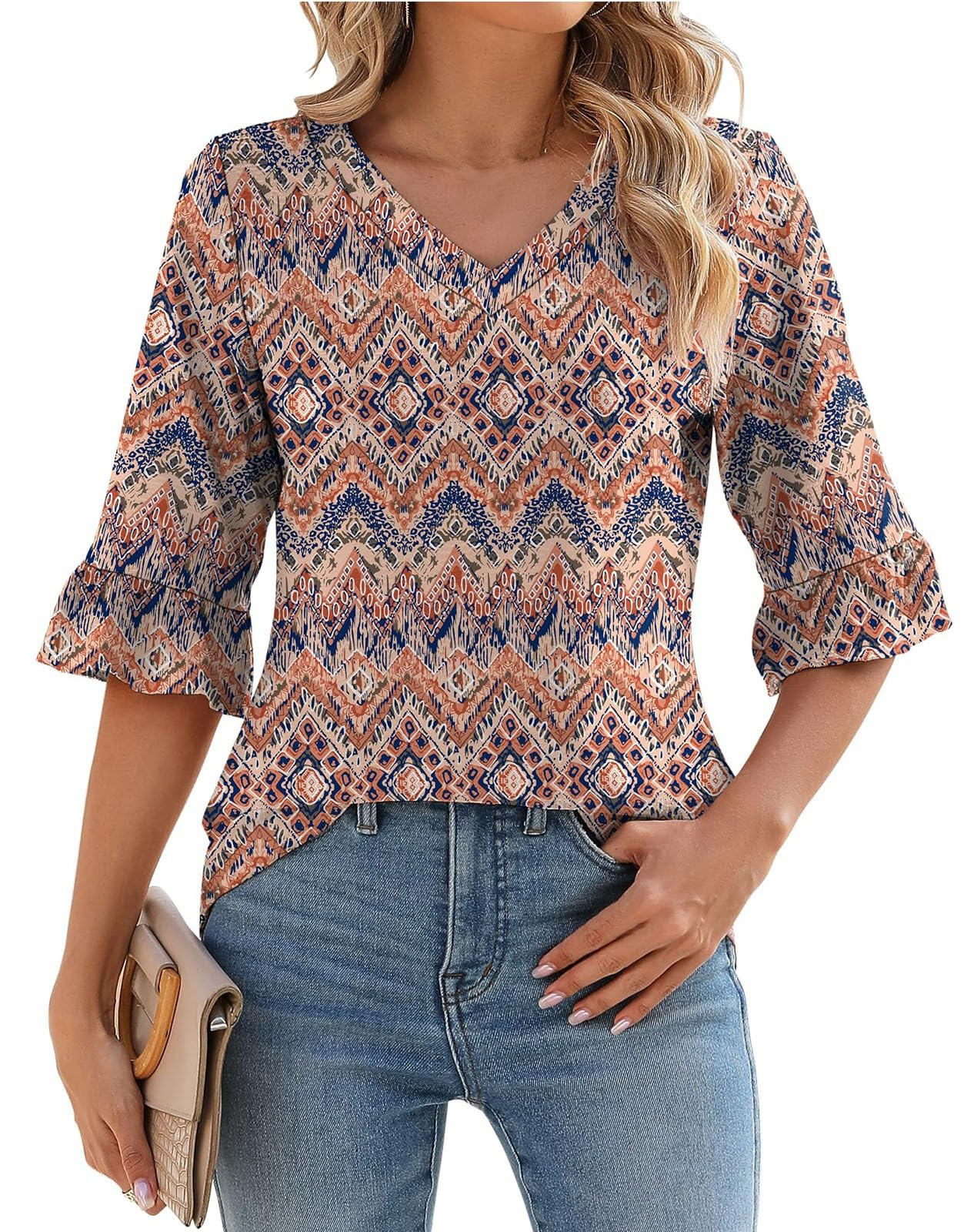 Women's 3/4 Sleeve Ruffle V Neck Floral Print Top（Buy 2 Free Shipping）