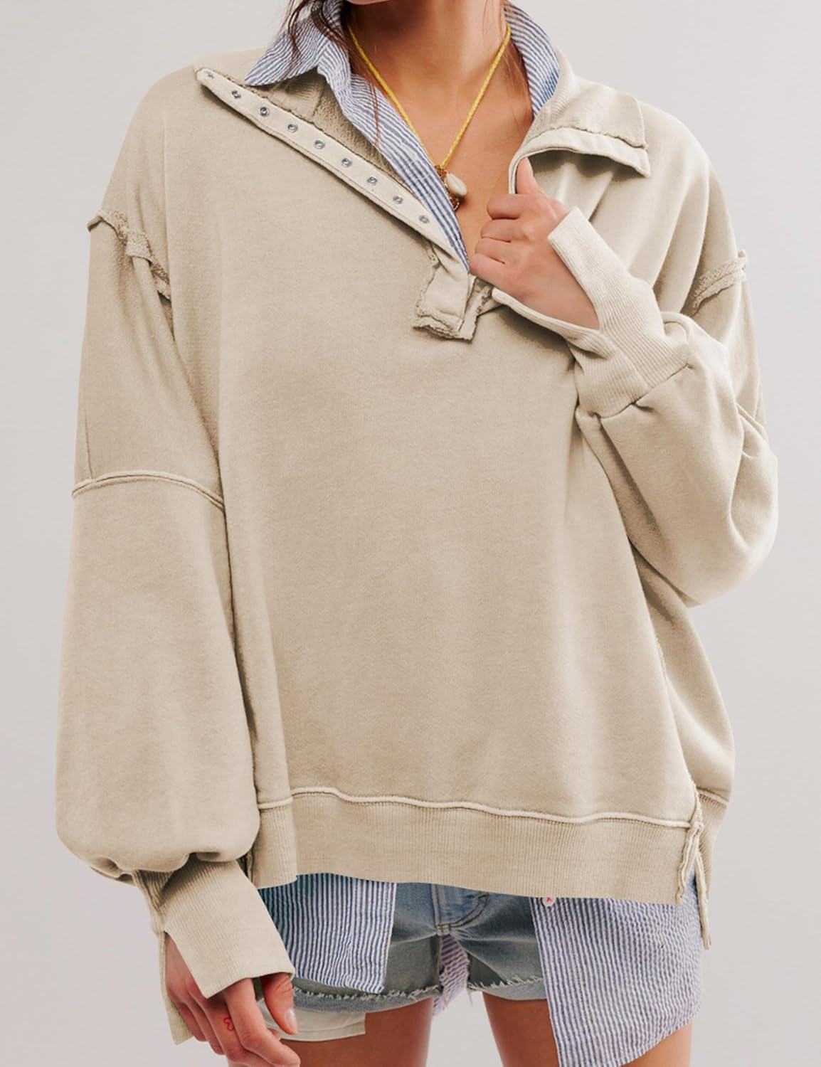 Womens Oversized V Neck Button Up Henley Pullover Sweatshirts
