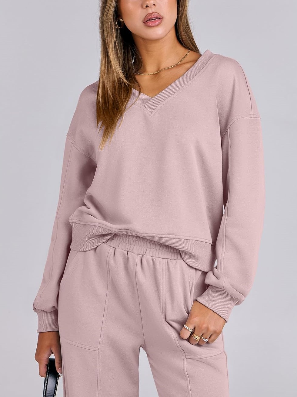Women's V Neck Sweatshirts Wide Leg Jogger Sweatpants Lounge Sets