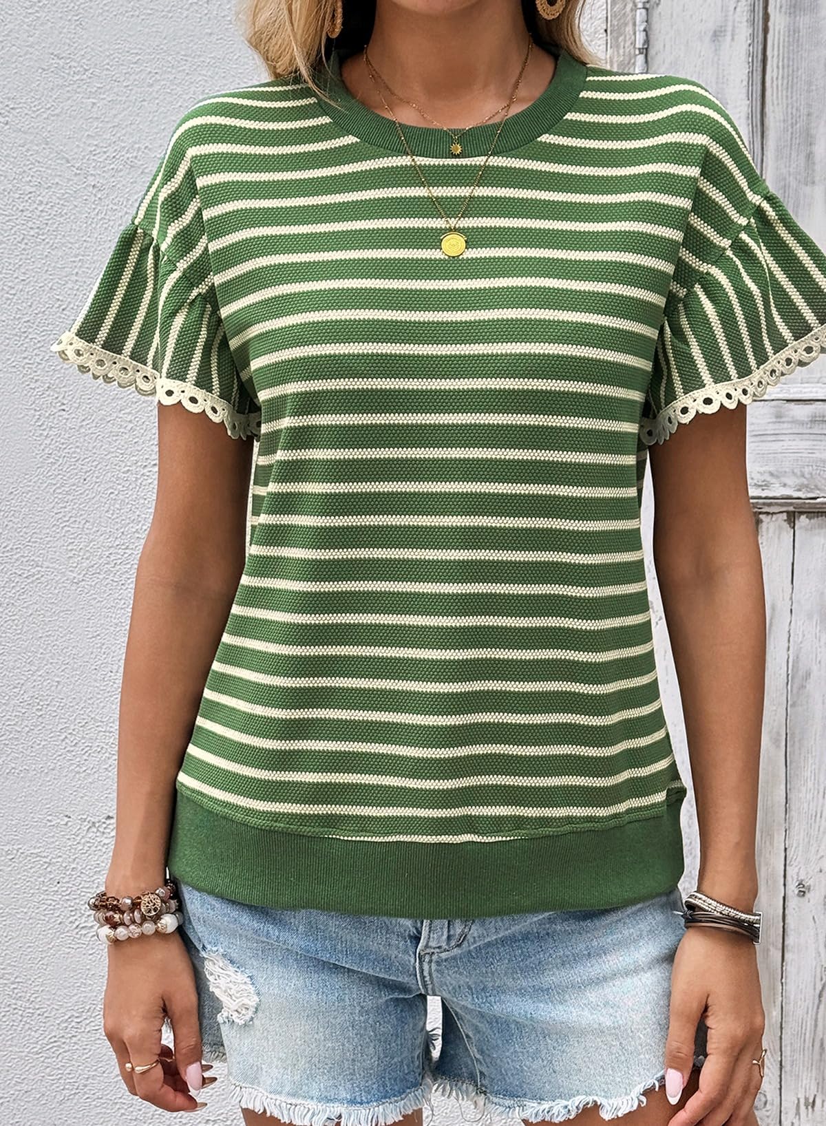 Women's Knit Striped Color Block Ruffled Short Sleeve Top