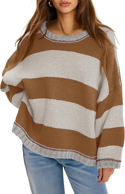 Womens Oversized Striped Color Block Crewneck Sweater