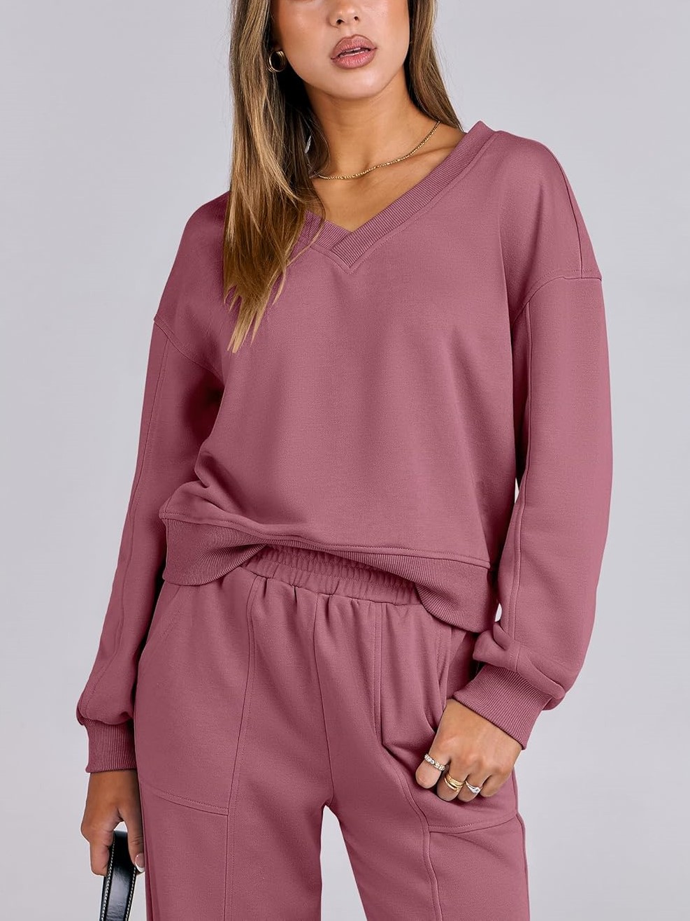 Women's V Neck Sweatshirts Wide Leg Jogger Sweatpants Lounge Sets