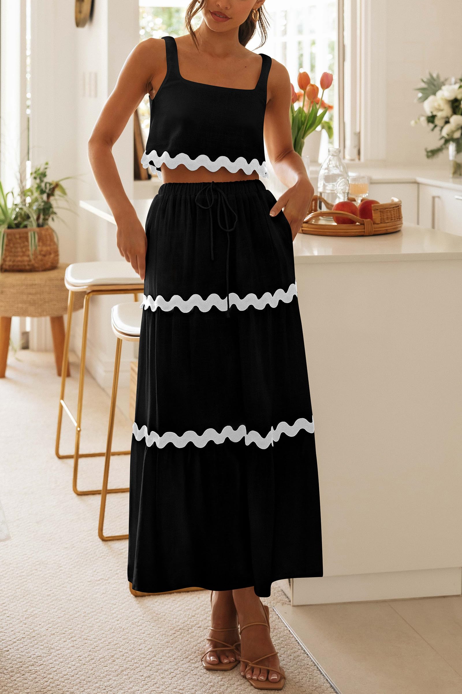 Women's Casual Sleeveless Cropped Tank Top High Waisted Maxi Skirt Set