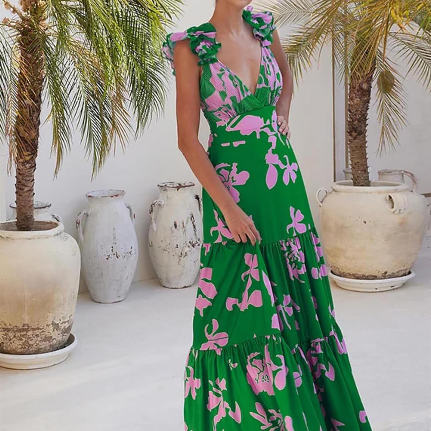 Women Adjustable Shoulder Strip Plant Prints One Piece Swimsuit and Skirt/Sarong