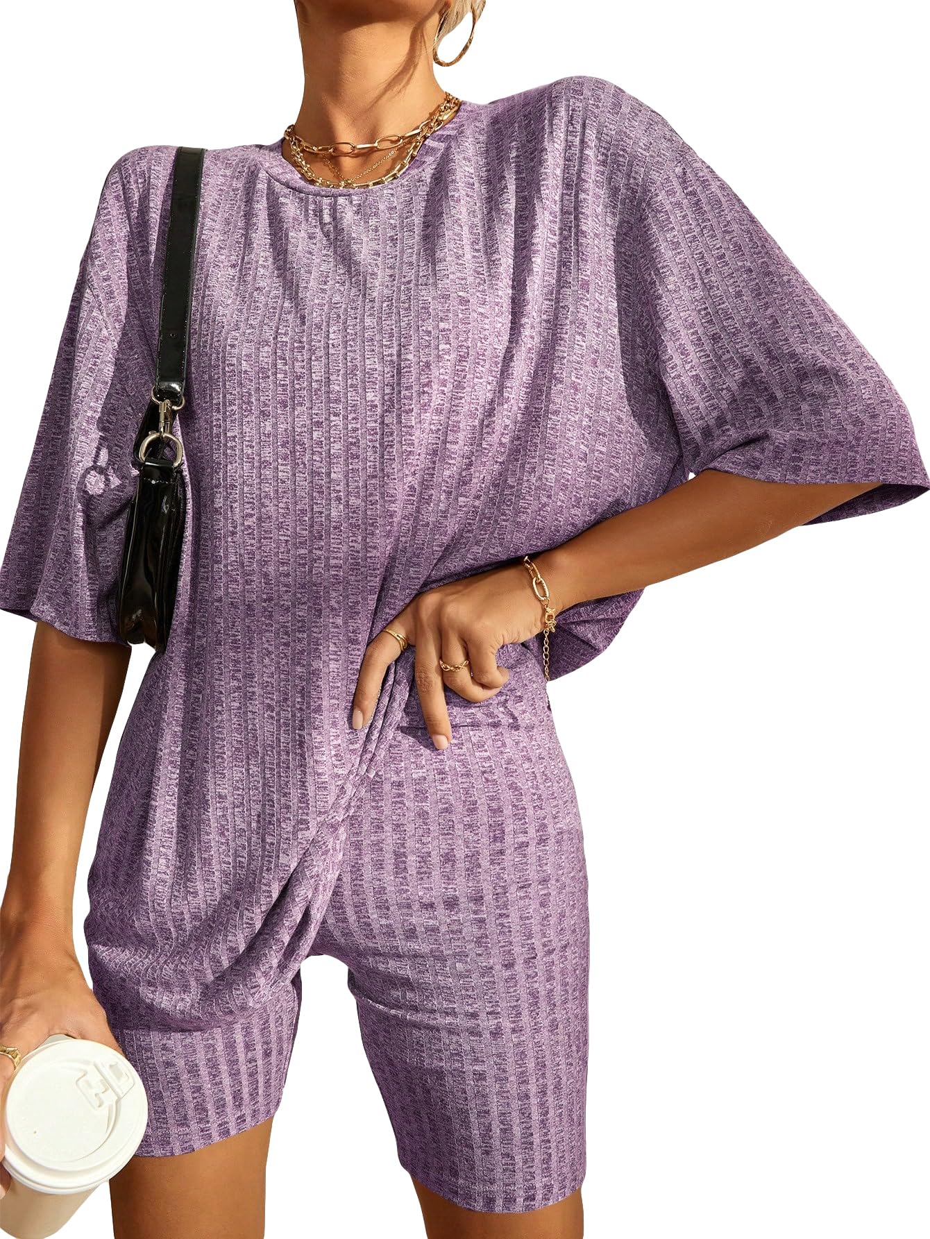HOT SALE Women's 2 Piece Outfits Ribbed Short Sleeve Drop Shoulder Tee and Shorts Set