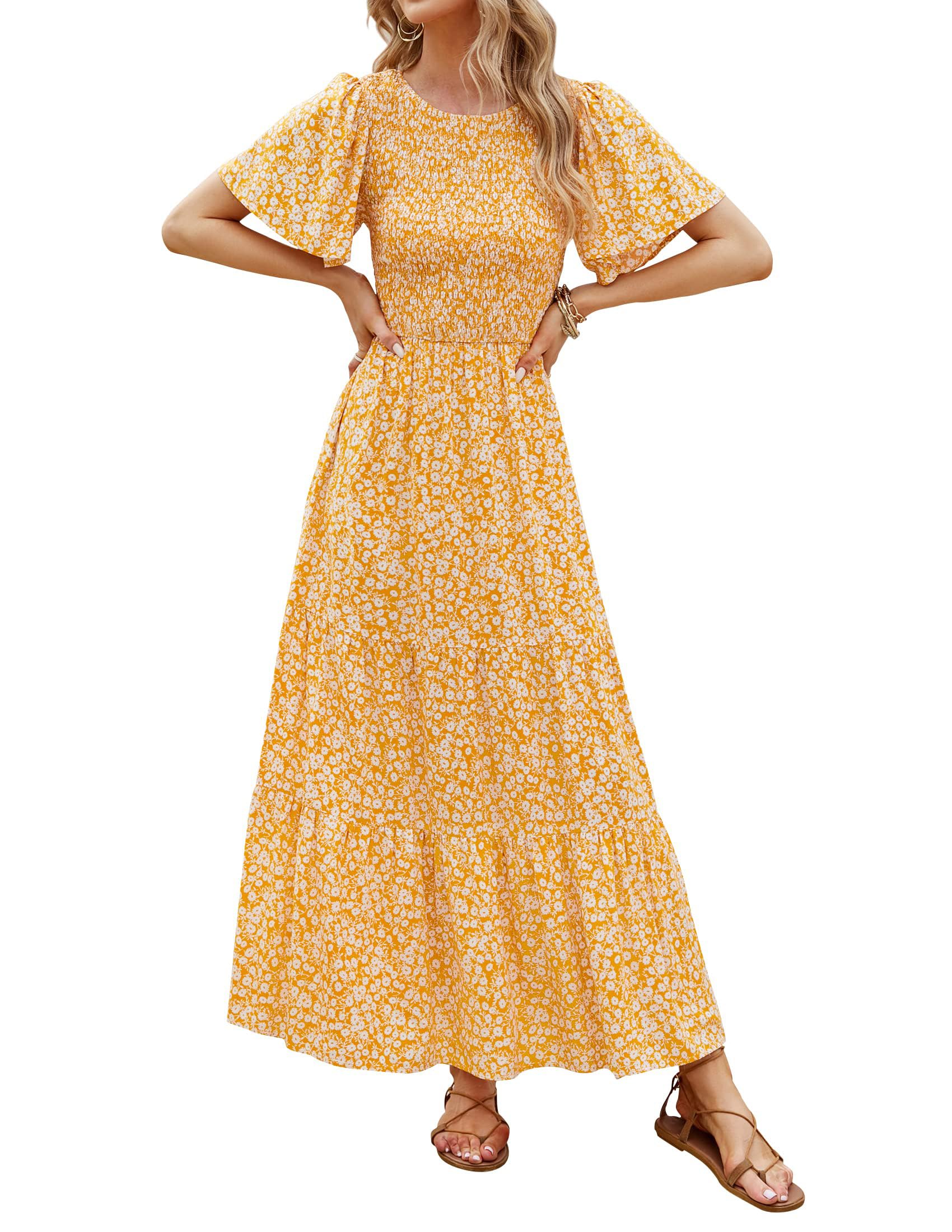 Women's Casual Floral Print Short Flutter Sleeve Smocked High Waist Flowy Maxi Dress