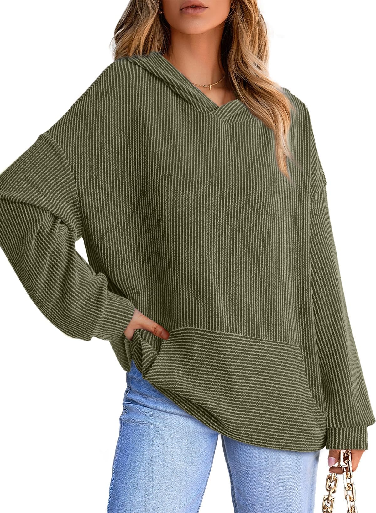 Ribbed Knit Pullover Hoodie (Buy 2 Free Shipping)