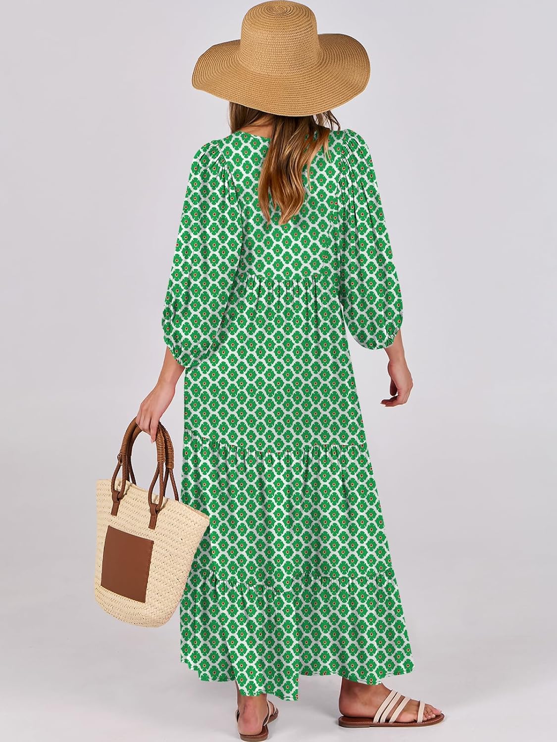 HOT SALE Summer V Neck Puff Sleeve Floral Flowy Casual Maxi Dress