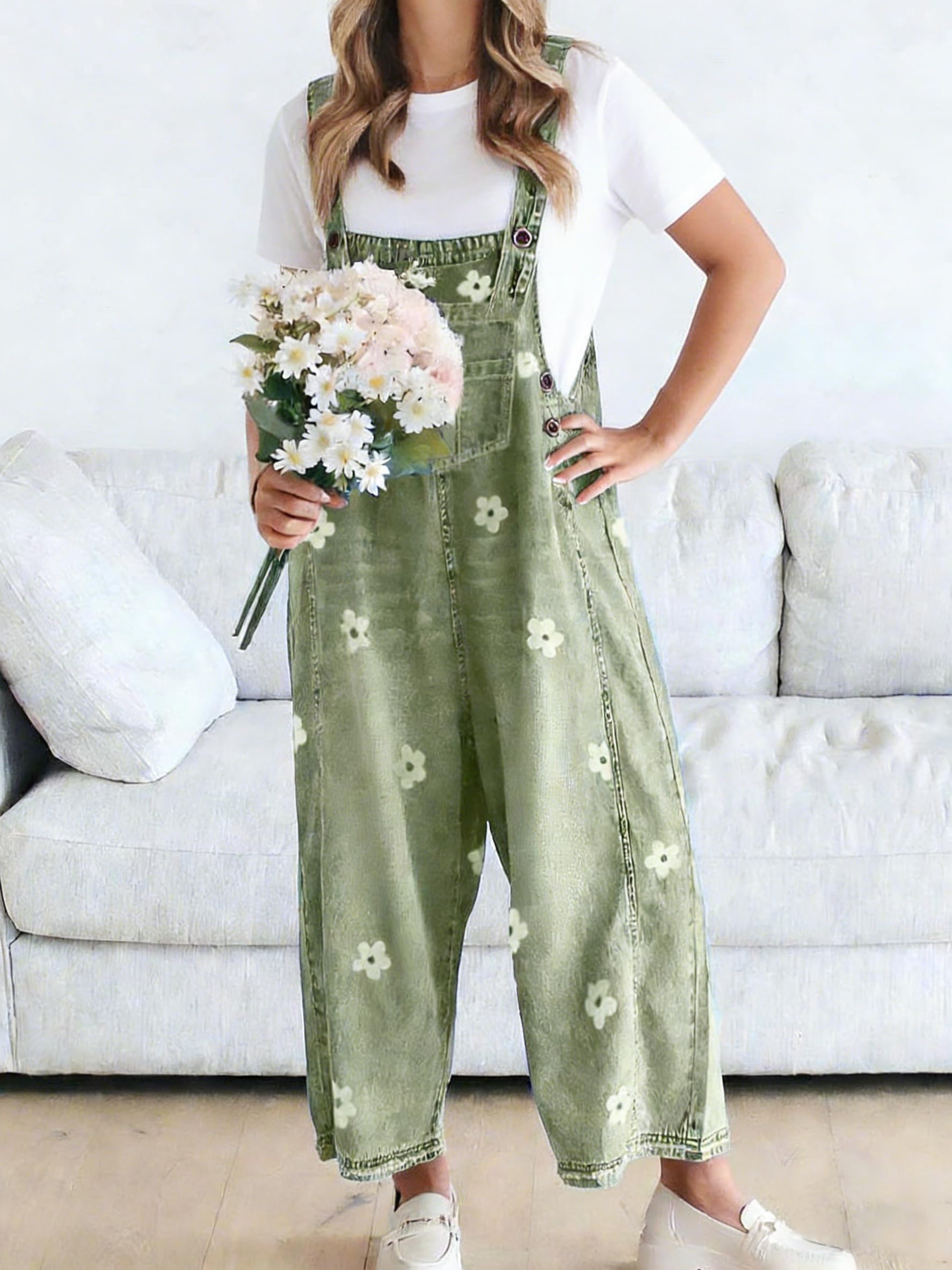 Women's Floral Printed Adjustable Strap Denim Bib Overalls Baggy Jumpsuit