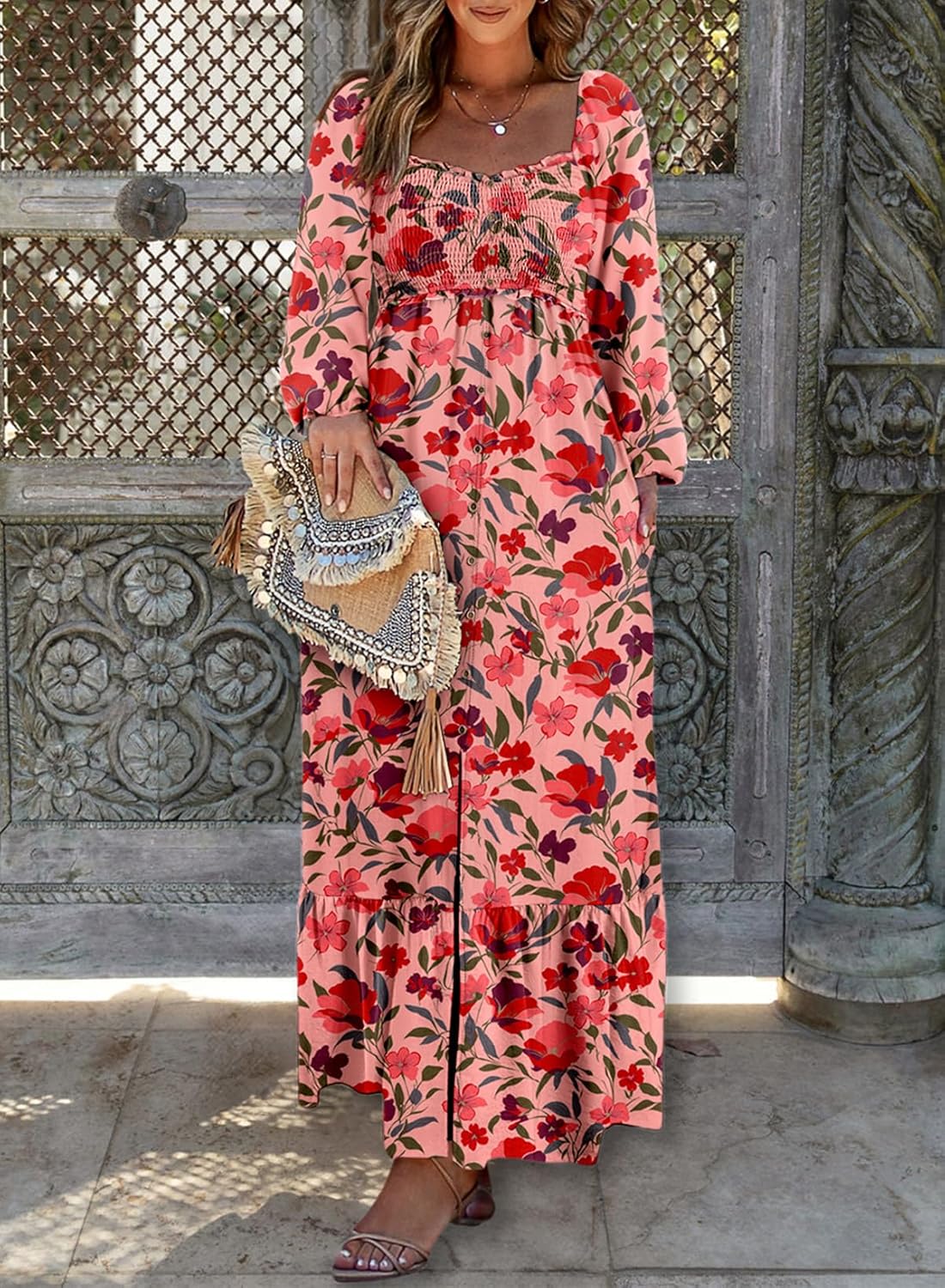 Womens Boho Floral Smocked Button Down  Long Maxi Dress with Pockets(BUY 2 FREE SHIPPING)