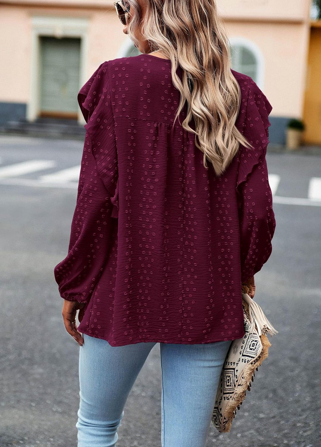 HOT SALE Women's Long Sleeve Ruffle Swiss Dot Crochet Tops