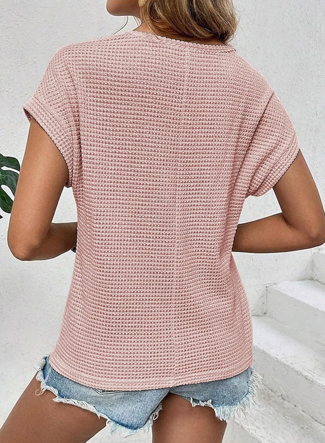 HOT SALE Women's Casual Waffle Knit Hollow Out Short Sleeve Shirts