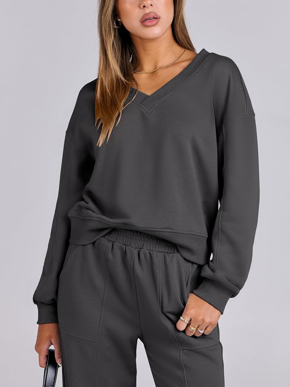 Women's V Neck Sweatshirts Wide Leg Jogger Sweatpants Lounge Sets