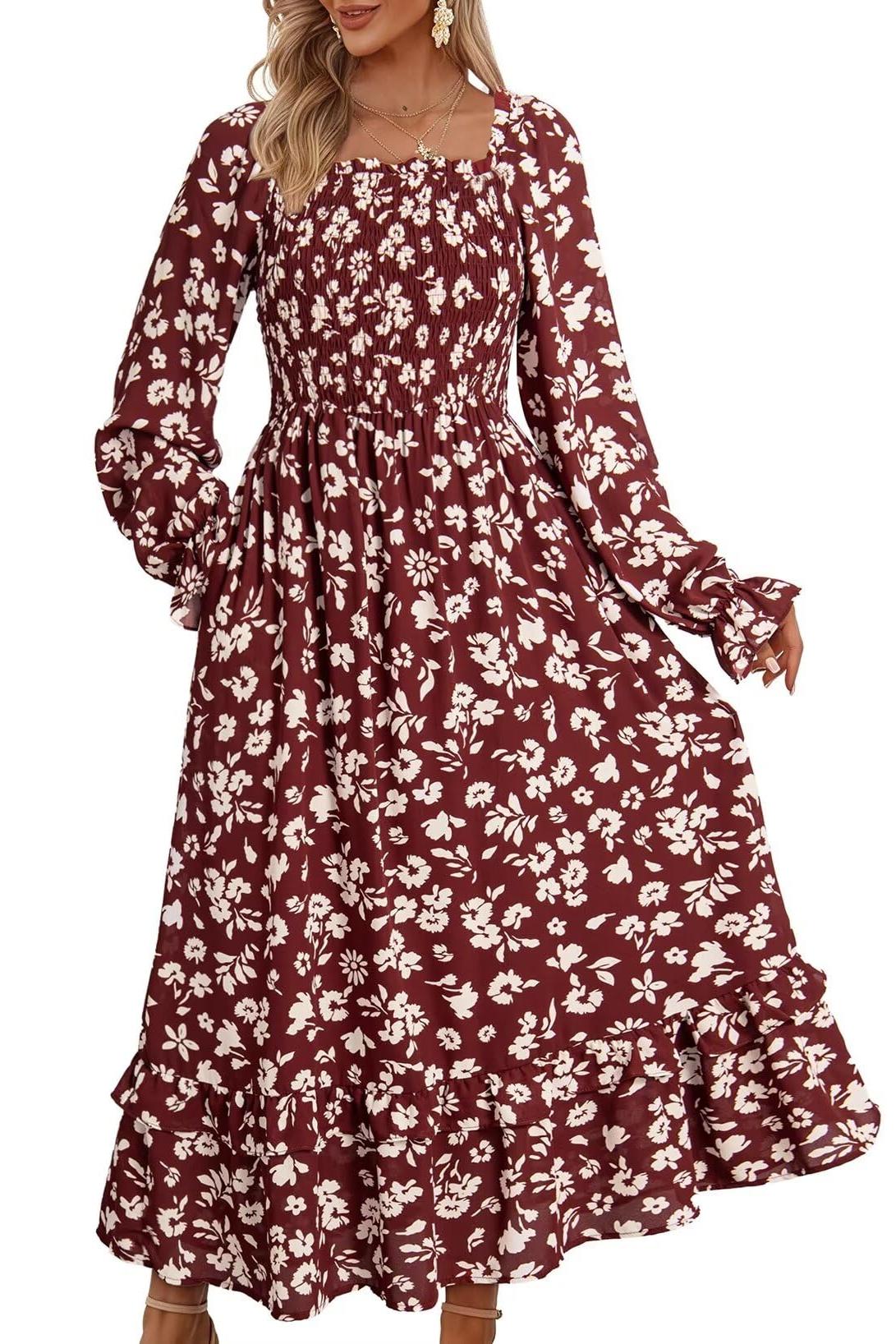 Fall Dresses Casual Floral Square Neck Long Sleeve Dress(Buy 2 Free Shipping)