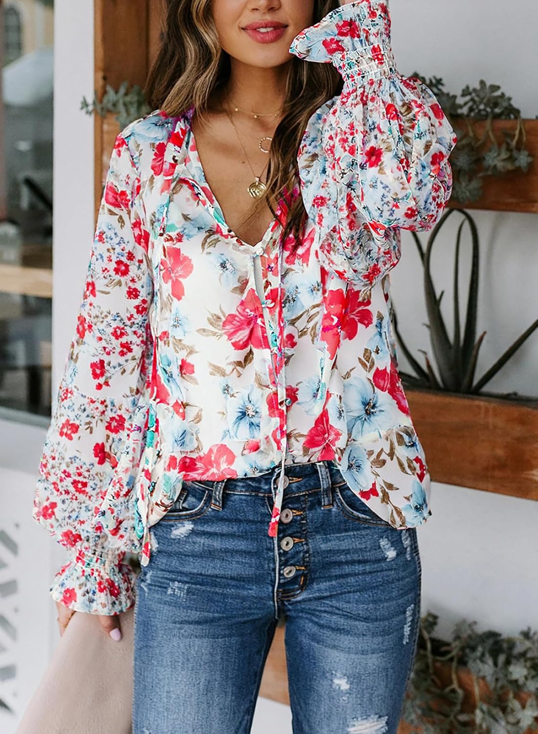 Women's Boho Floral Print V Neck Long Sleeve Drawstring Button Blouses