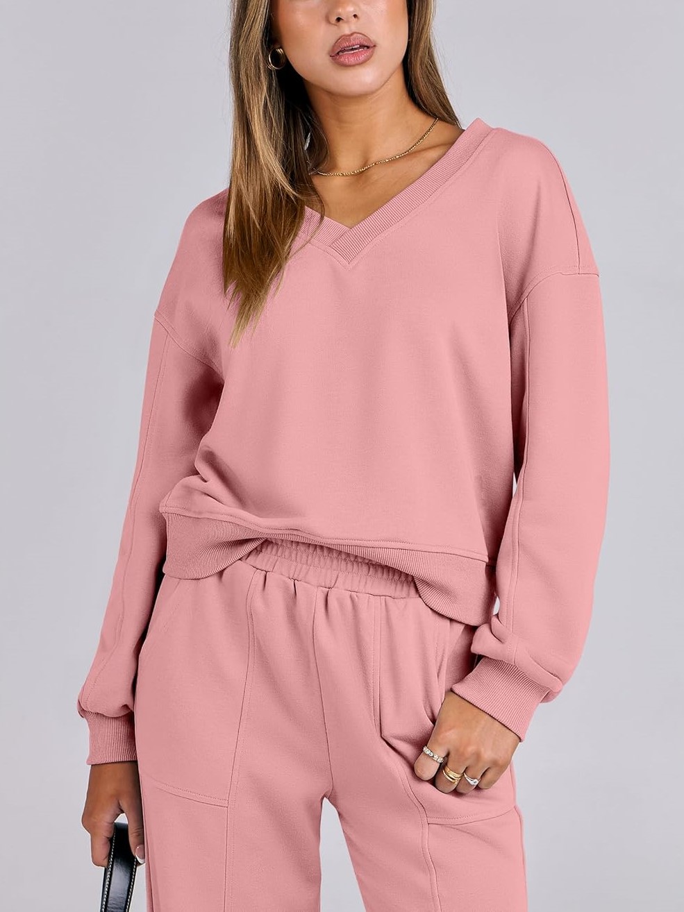 Women's V Neck Sweatshirts Wide Leg Jogger Sweatpants Lounge Sets