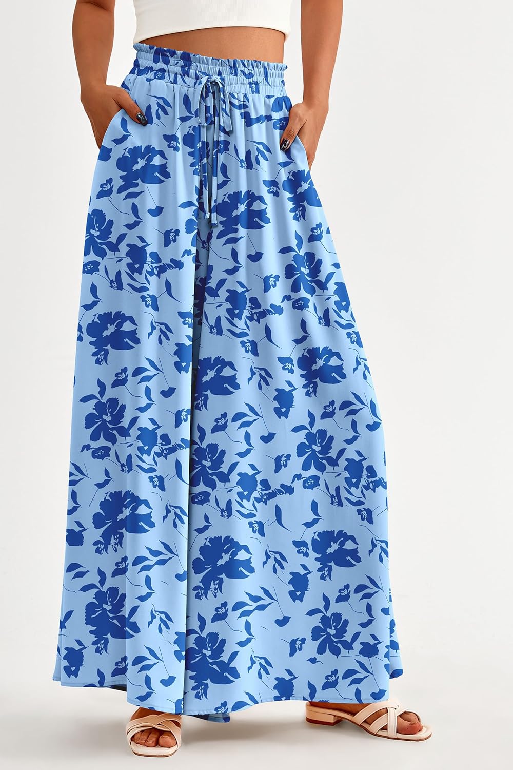 HOT SALE Women's Casual Floral Solid High Waist Wide Leg Pants