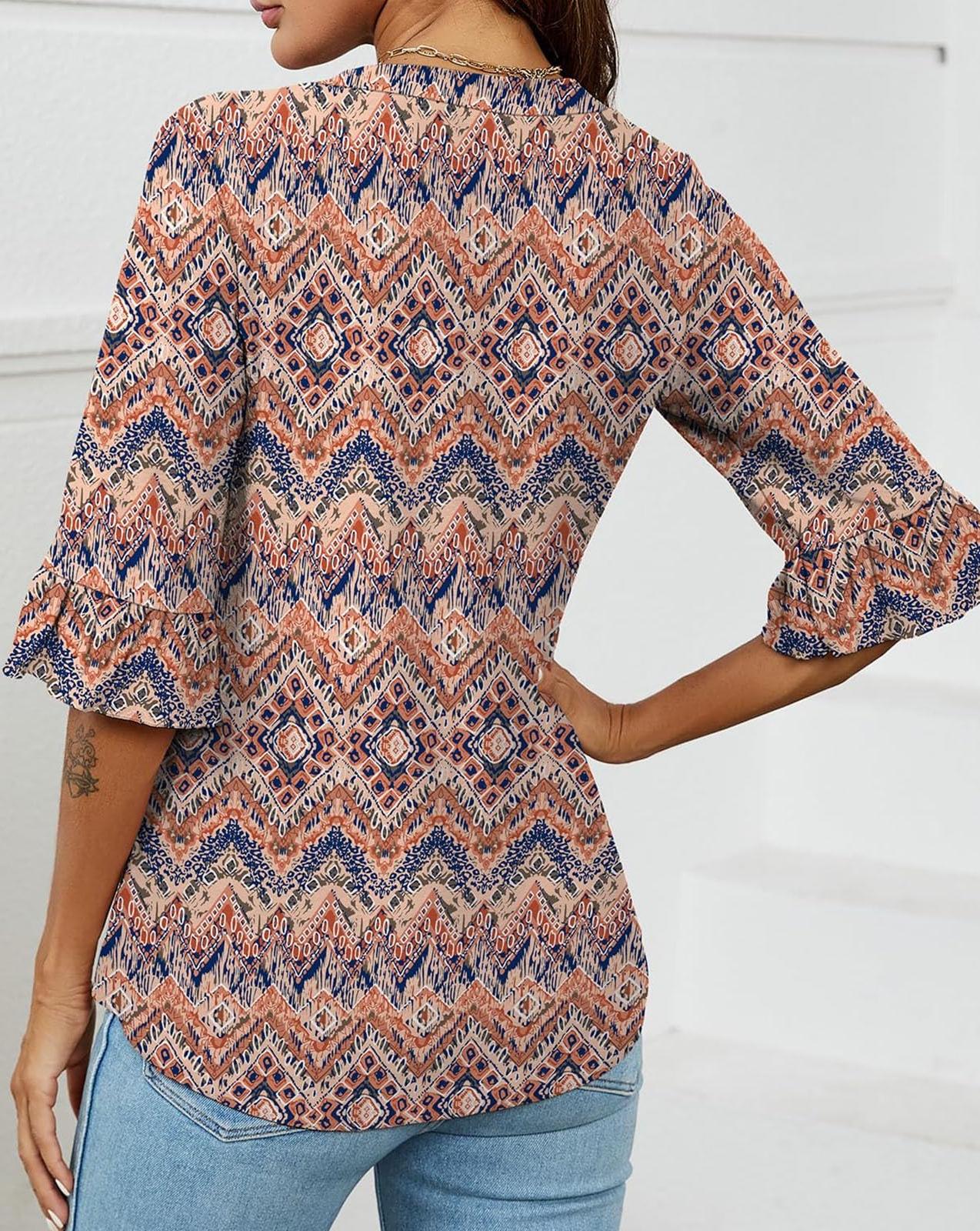 Women's 3/4 Sleeve Ruffle V Neck Floral Print Top（Buy 2 Free Shipping）