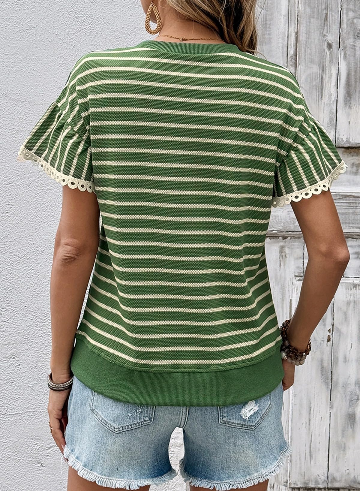 Women's Knit Striped Color Block Ruffled Short Sleeve Top