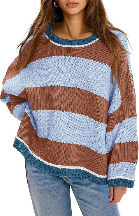 Womens Oversized Striped Color Block Crewneck Sweater