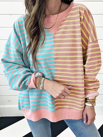 Womens Oversized Sweatshirts Striped Color Block Crewneck Sweatshirt