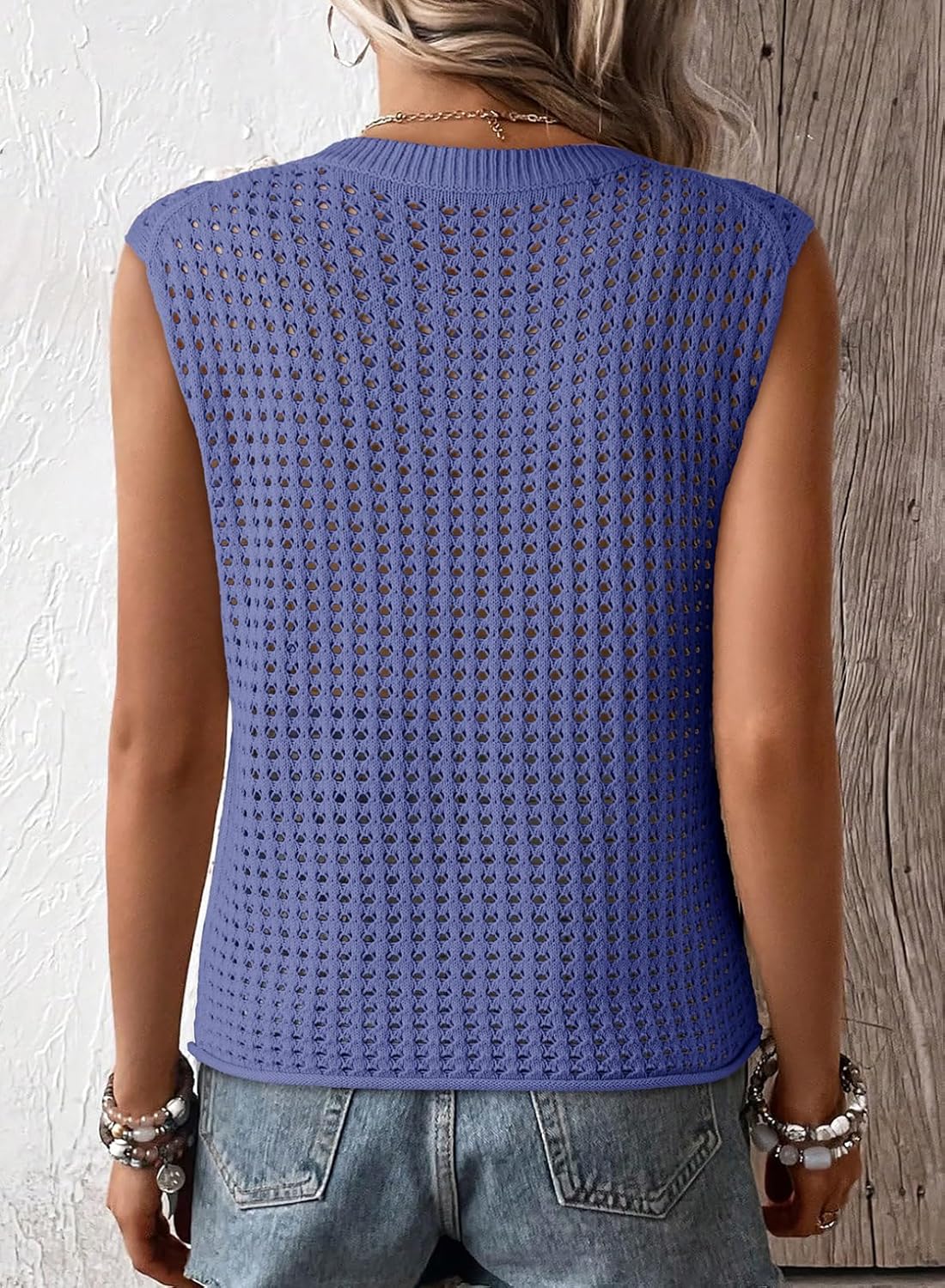 Women's Crewneck Sleeveles Loose Crochet Hollow Vest Top Cover Ups
