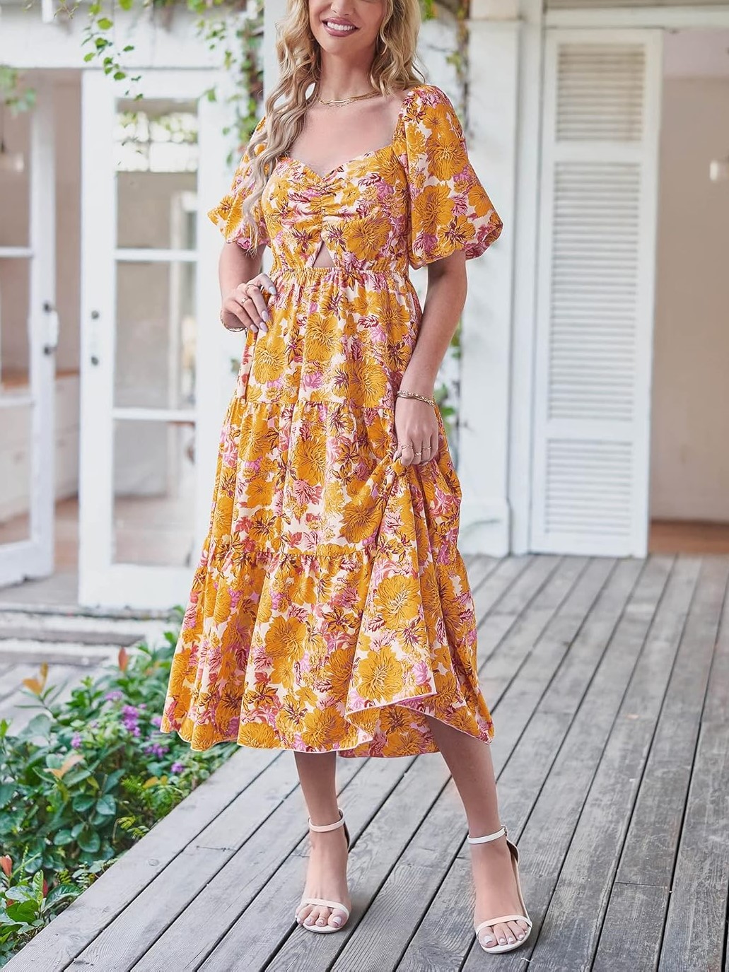 Women's Boho Floral Square Neck Puff Sleeve Cutout Long Maxi Dress
