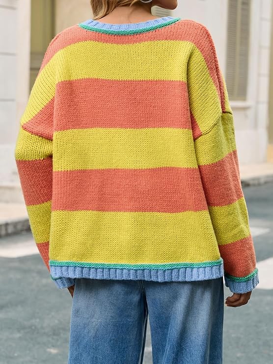 Womens Oversized Striped Color Block Crewneck Sweater