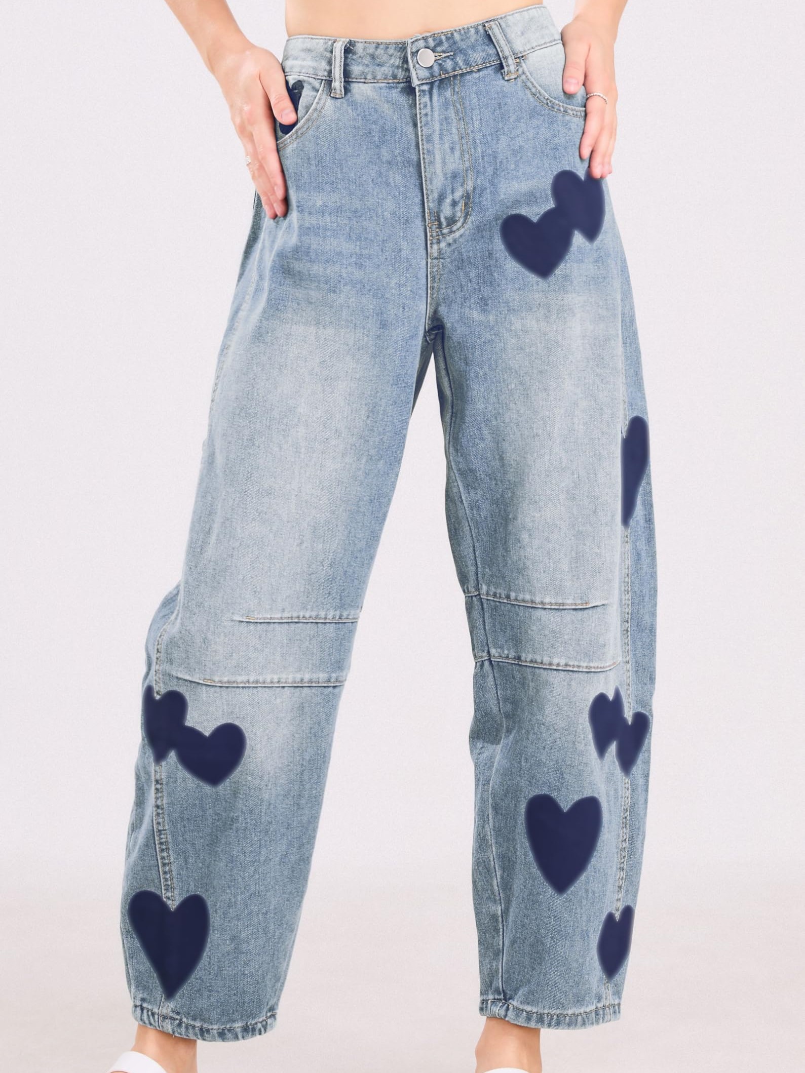 Women's Mid Rise Heart Printed Wide Leg Barrel Jeans