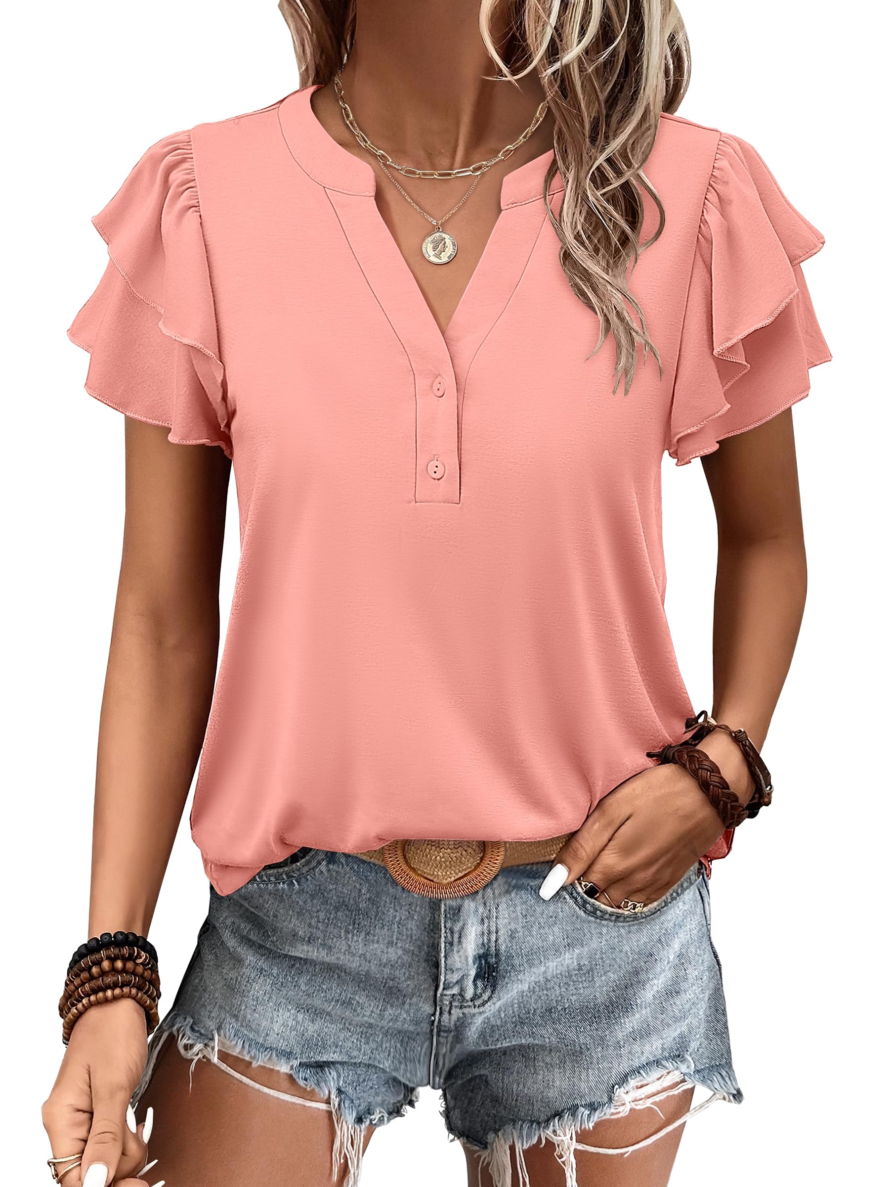 Womens Casual Ruffle Short Sleeve V Neck  Top Blouses