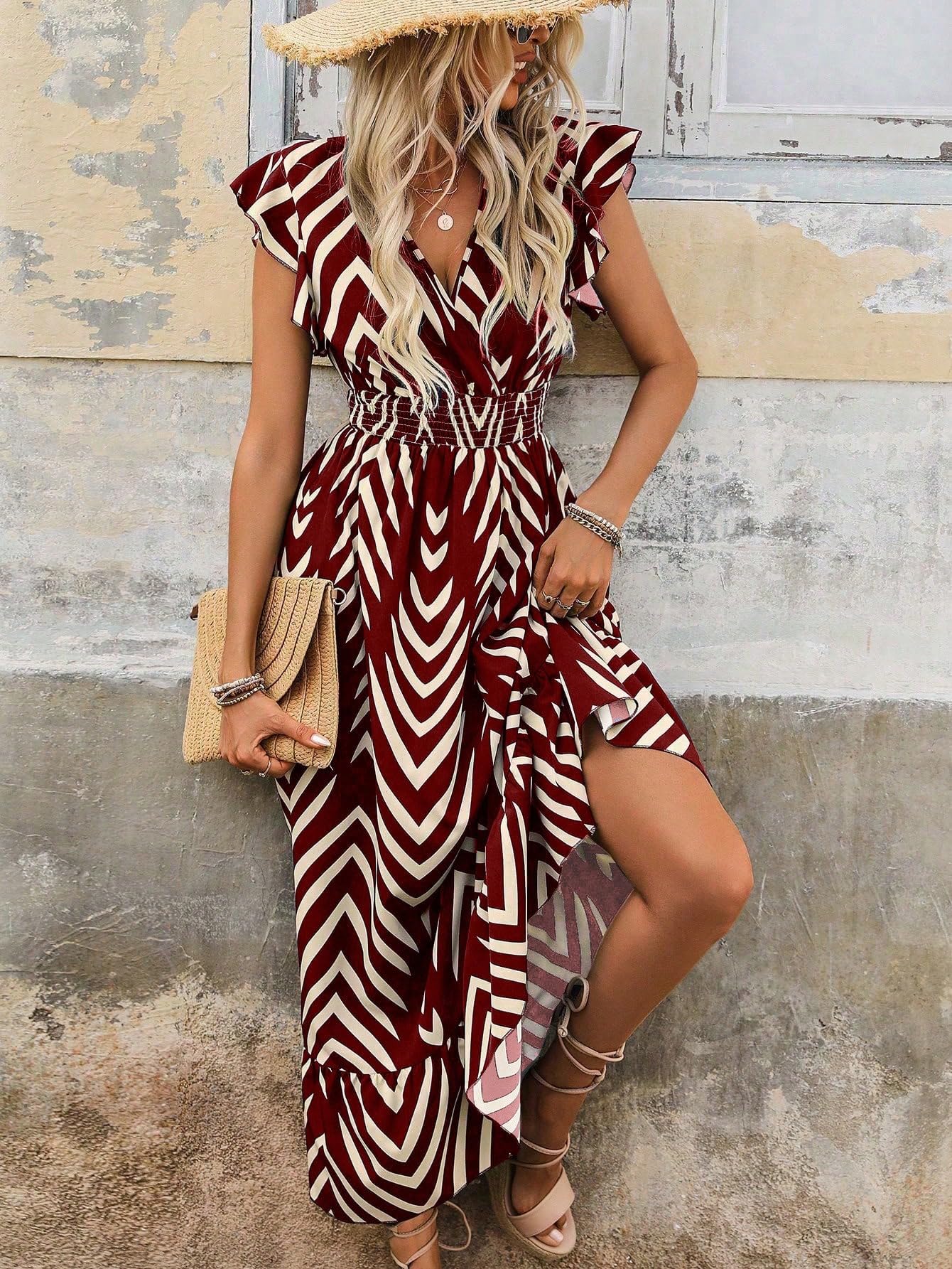 Women's Spring Summer Fashion Floral V Neck Ruffle Waist Slim Boho Dress